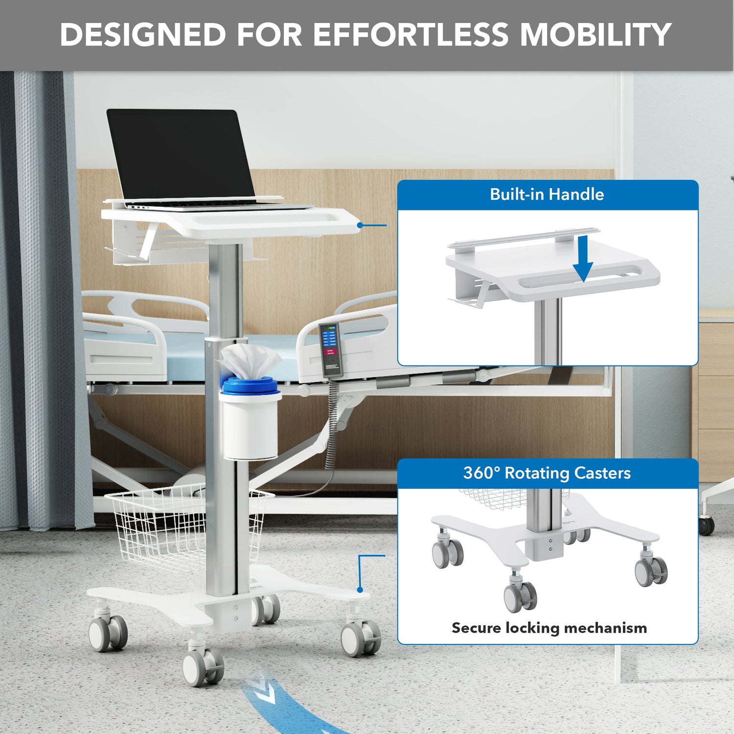 Mobile Standing Desk - MedHub Height Adjustable Laptop Cart with Security Bar - Mount-It! - MI-16030