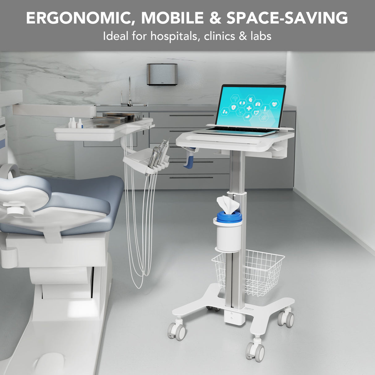 MedHub Height Adjustable Laptop Cart with Security Bar Mobile Standing Desk - MedHub Height Adjustable Laptop Cart with Security Bar - Mount-It! - MI-16030