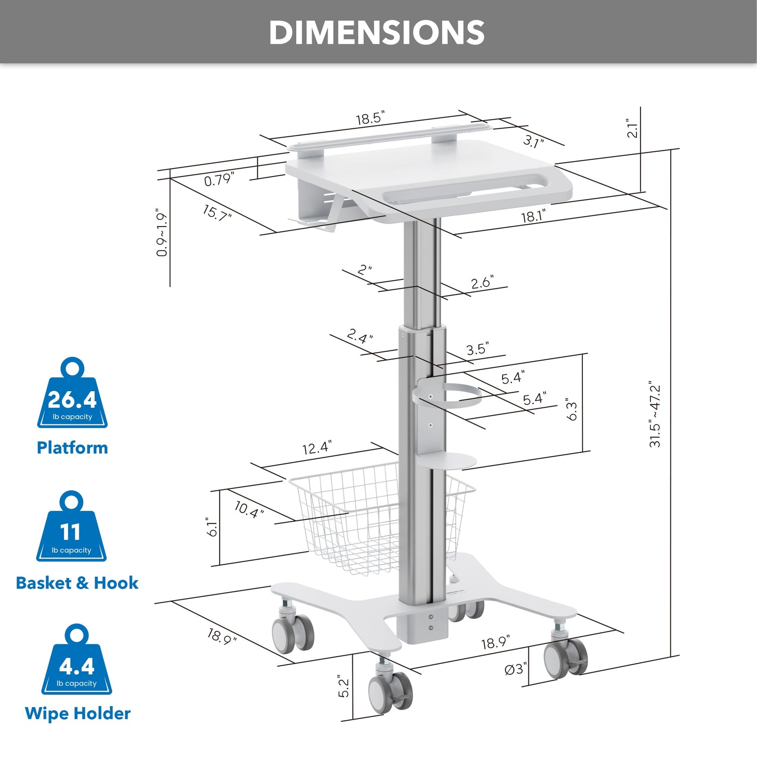 Mobile Standing Desk - MedHub Height Adjustable Laptop Cart with Security Bar - Mount-It! - MI-16030