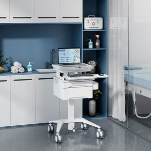 Mobile Standing Desk - MedHub Mobile Workstation with Drawers - Mount-It! - MI-16004 Mobile Standing Desk - MedHub Mobile Workstation with Drawers - Mount-It! - MI-16004