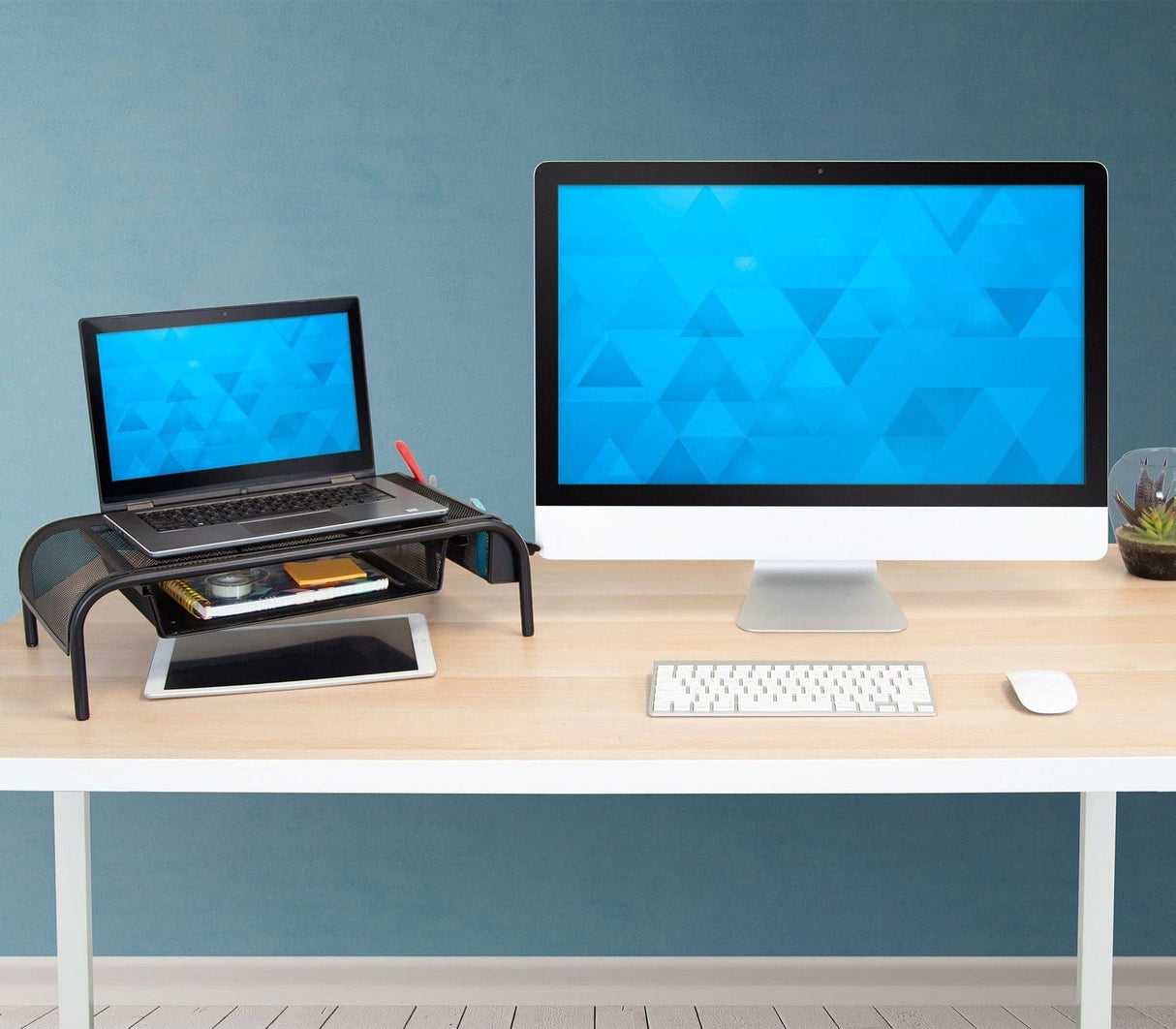 Metal Mesh Computer Monitor Stand and Riser with Pullout Drawer Monitor Risers - Metal Mesh Computer Monitor Stand and Riser with Pullout Drawer - Mount-It! - MI-7366