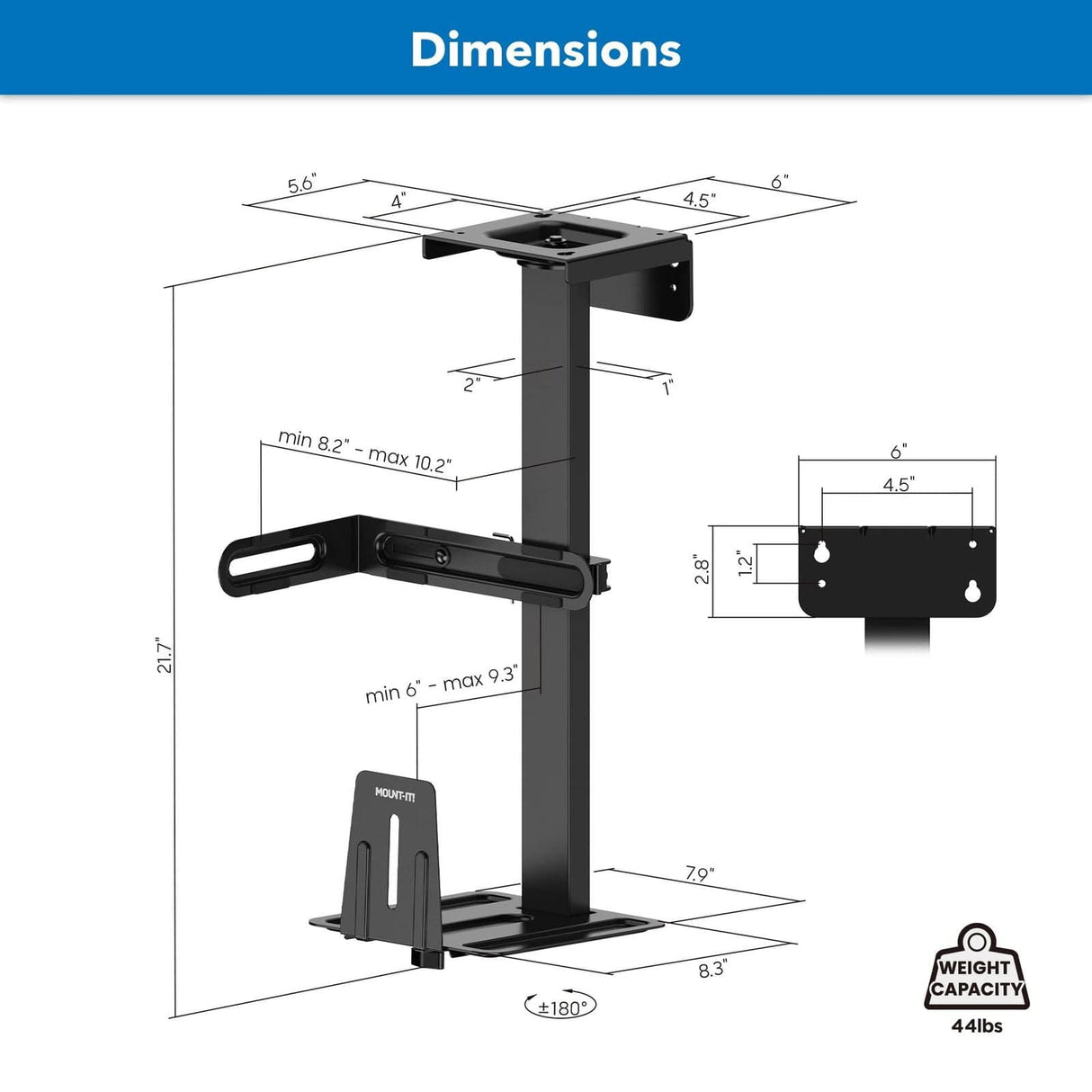 Rotating Heavy-Duty Under Desk / Wall CPU Mount CPU Holder - Rotating Heavy-Duty Under Desk / Wall CPU Mount - Mount-It! - MI-7170
