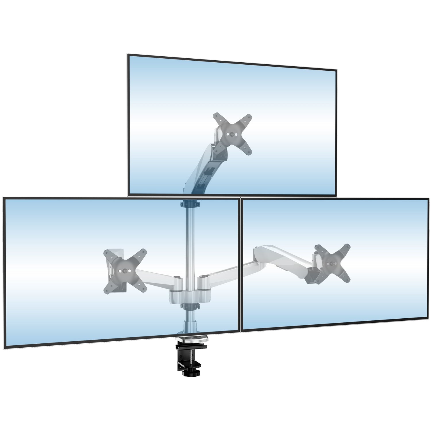 Silver Monitor Mount - CLiX Series Full Motion Triple Pyramid Monitor Desk Mount with Gas Spring Arms - Mount-It! - MI-55116