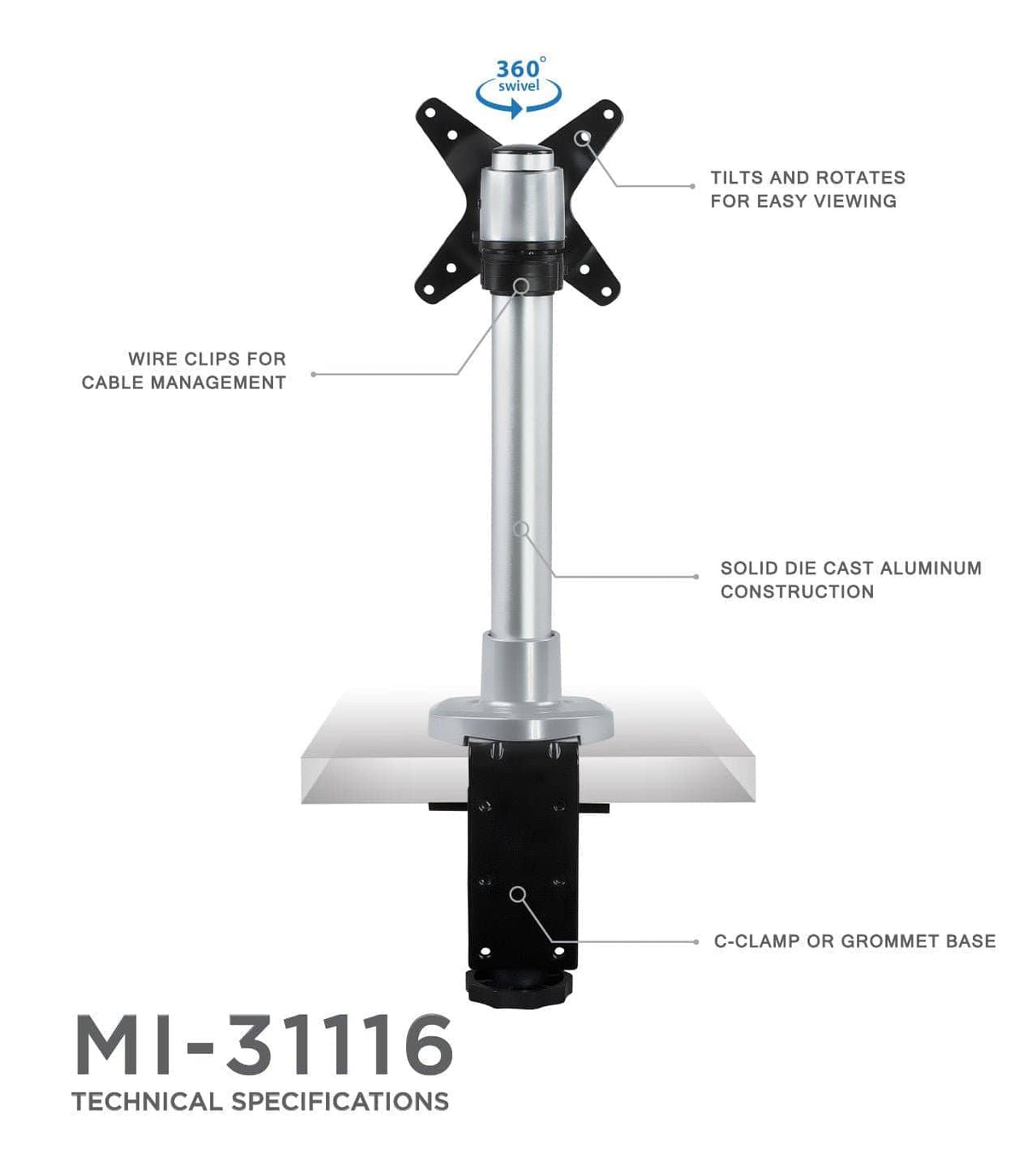 Compact Single Monitor Desk Mount -  Clamp and Grommet Silver Monitor Mount - Compact Single Monitor Desk Mount - Mount-It! - MI-31116