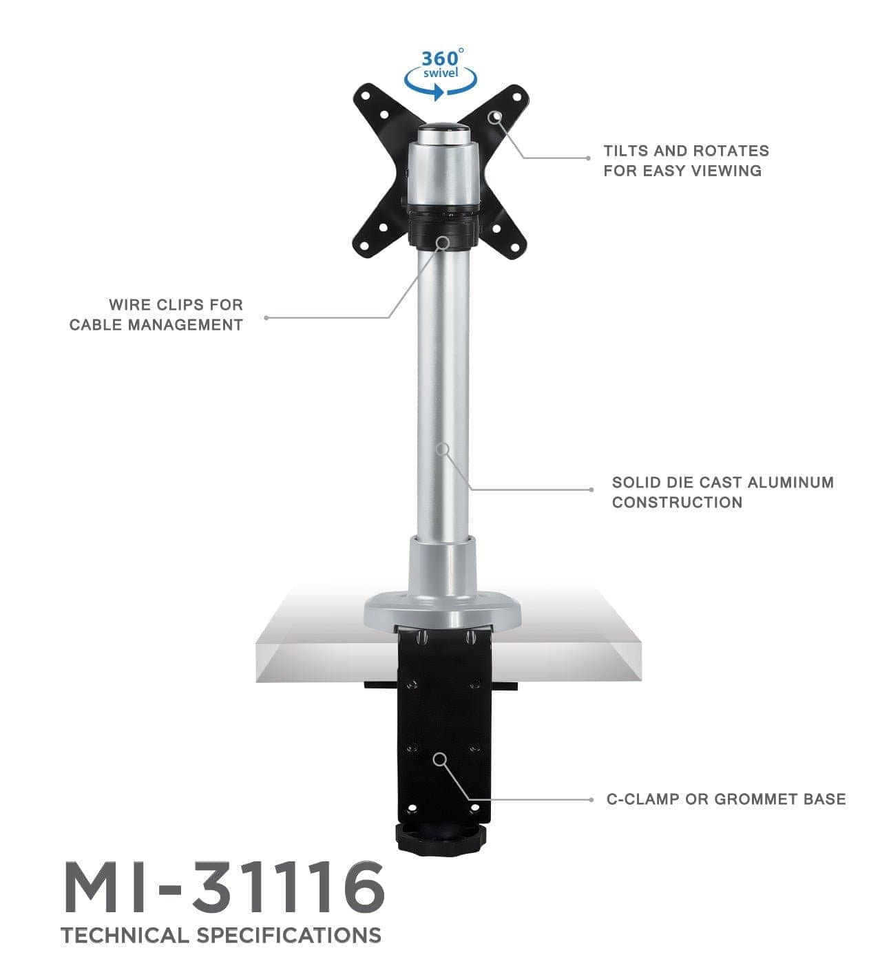 Silver Monitor Mount - Compact Single Monitor Desk Mount - Mount-It! - MI-31116
