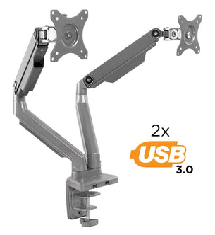 Silver Monitor Mount - Dual Monitor Desk Mount w/ USB Ports - Mount-It! - MI-2762 Silver Monitor Mount - Dual Monitor Desk Mount w/ USB Ports - Mount-It! - MI-2762