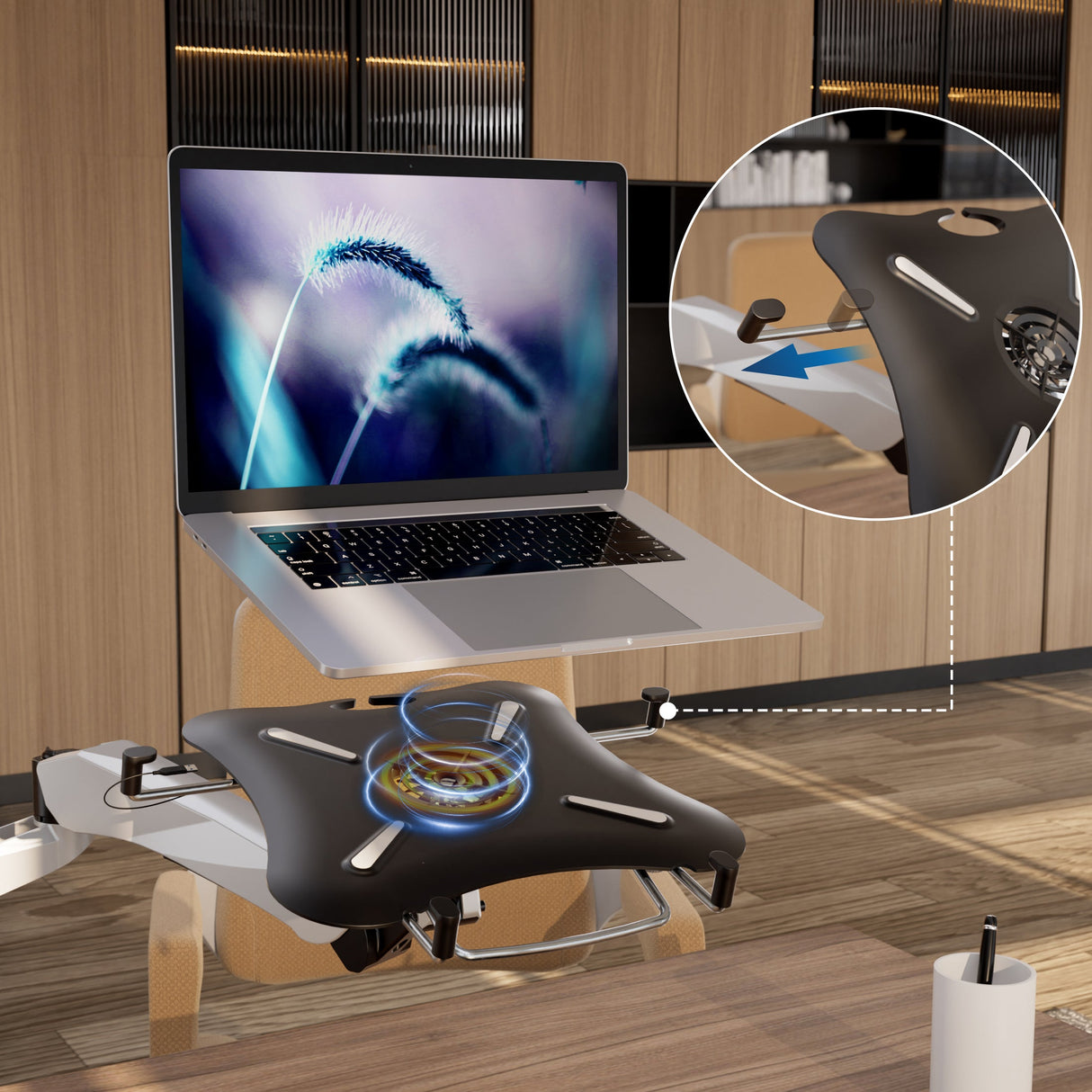 Full Motion Dual Monitor + Laptop Mount with Cooling Fan Silver Monitor Mount - Full Motion Dual Monitor + Laptop Mount with Cooling Fan - Mount-It! - MI-75826