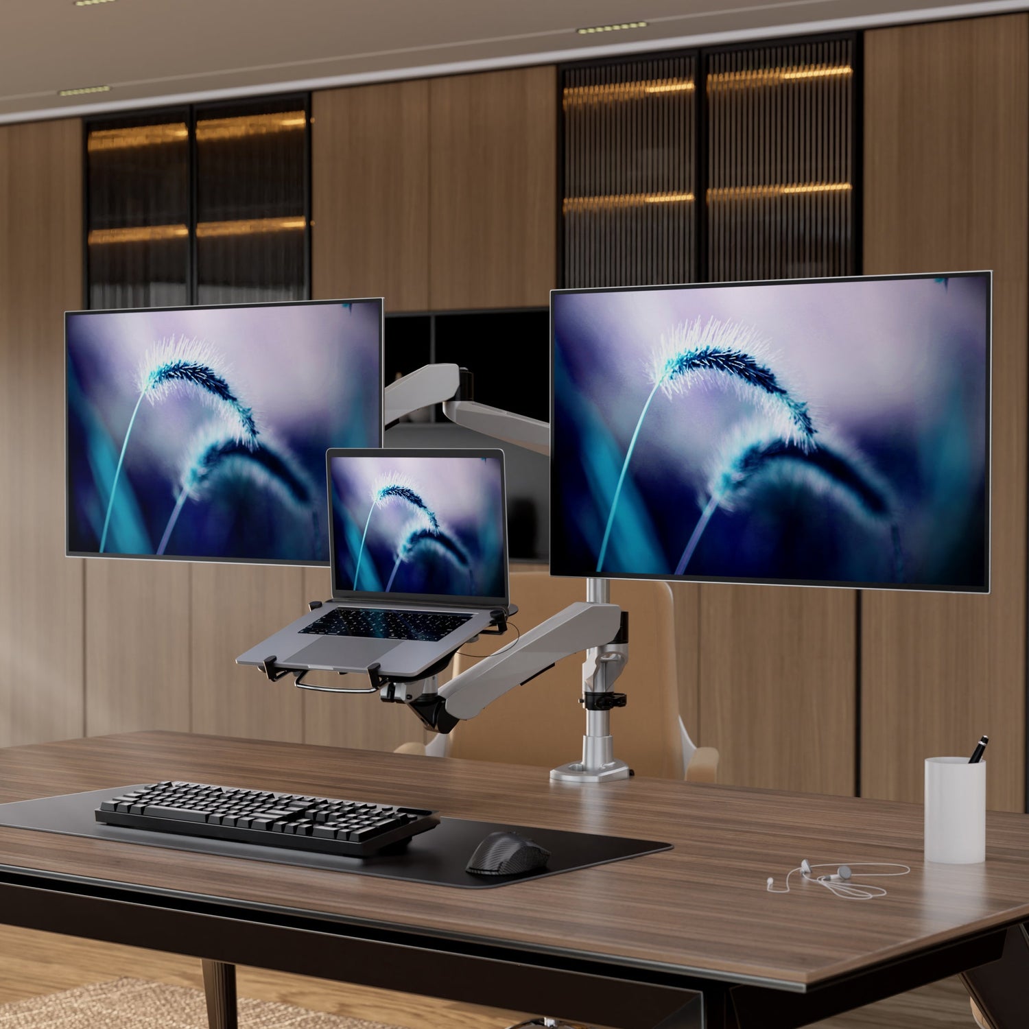 Silver Monitor Mount - Full Motion Dual Monitor + Laptop Mount with Cooling Fan - Mount-It! - MI-75826