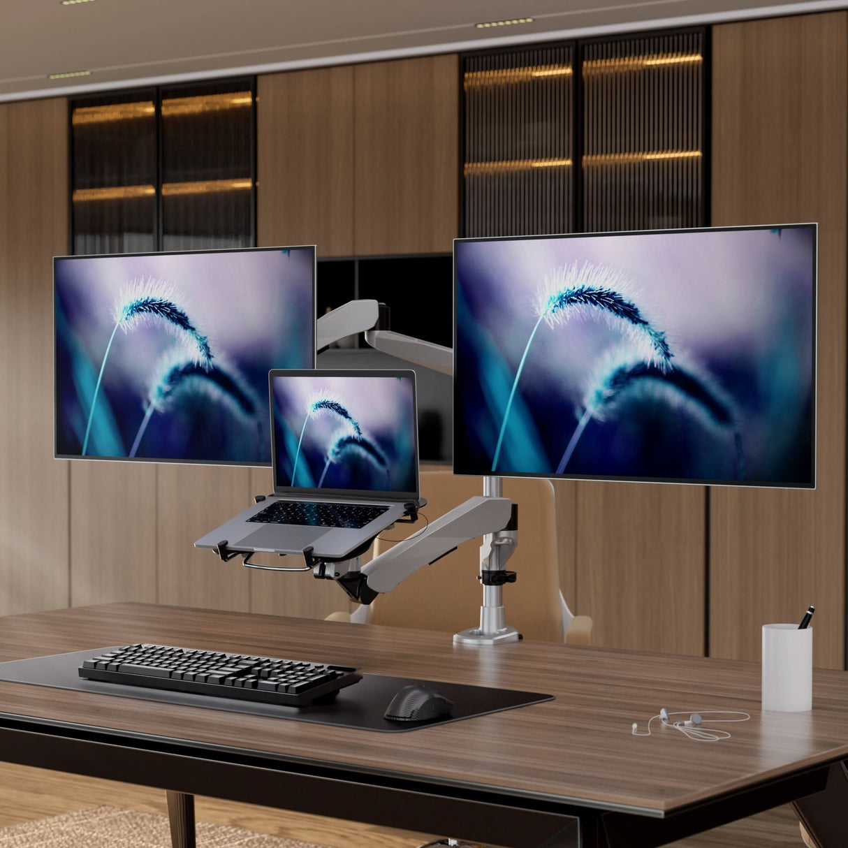 Silver Monitor Mount - Full Motion Dual Monitor + Laptop Mount with Cooling Fan - Mount-It! - MI-75826