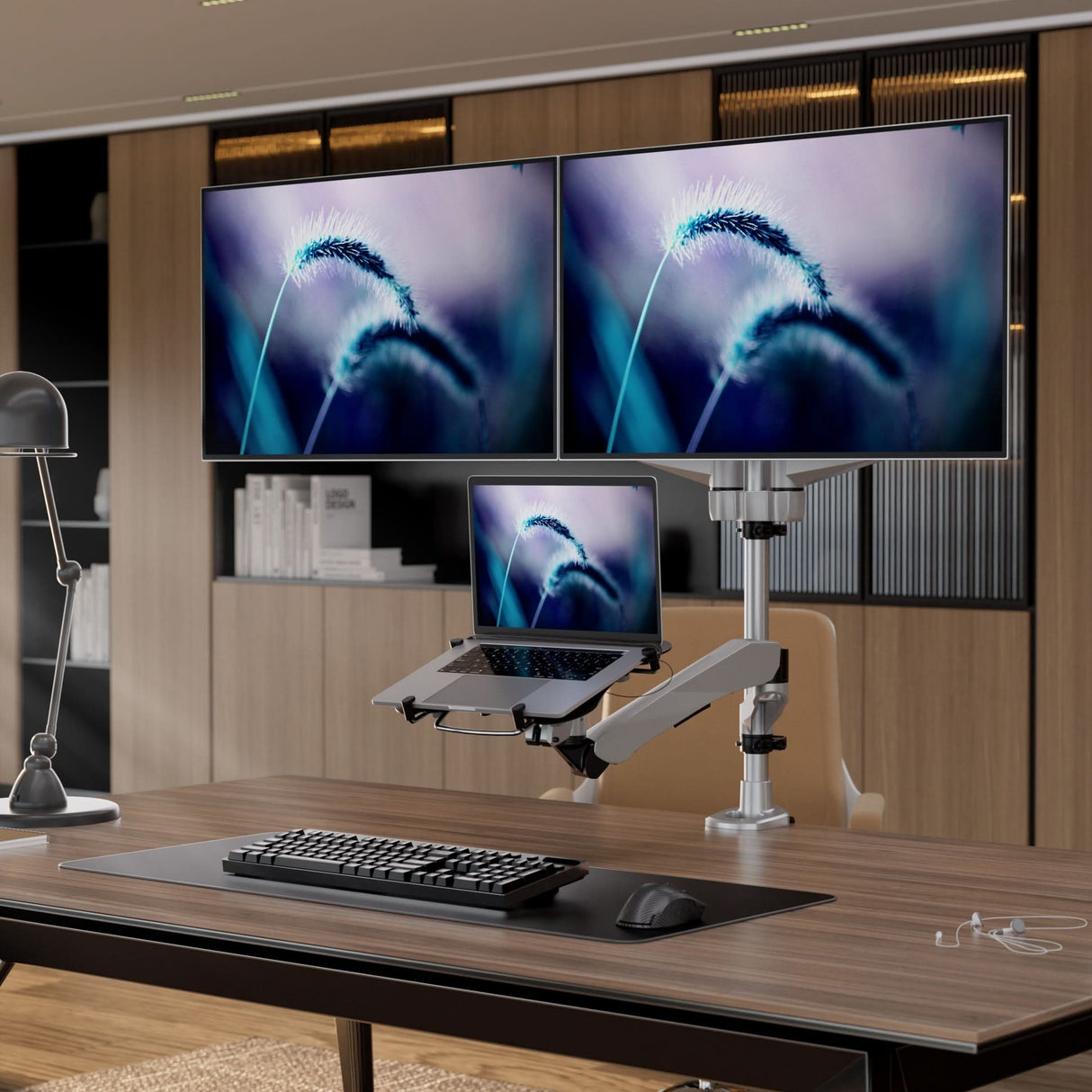 Silver Monitor Mount - Full Motion Dual Monitor + Laptop Mount with Cooling Fan - Mount-It! - MI-75826