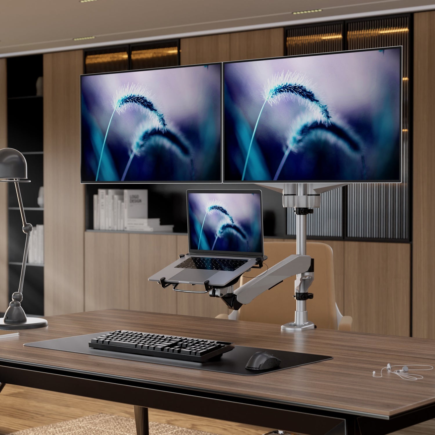 Silver Monitor Mount - Full Motion Dual Monitor + Laptop Mount with Cooling Fan - Mount-It! - MI-75826