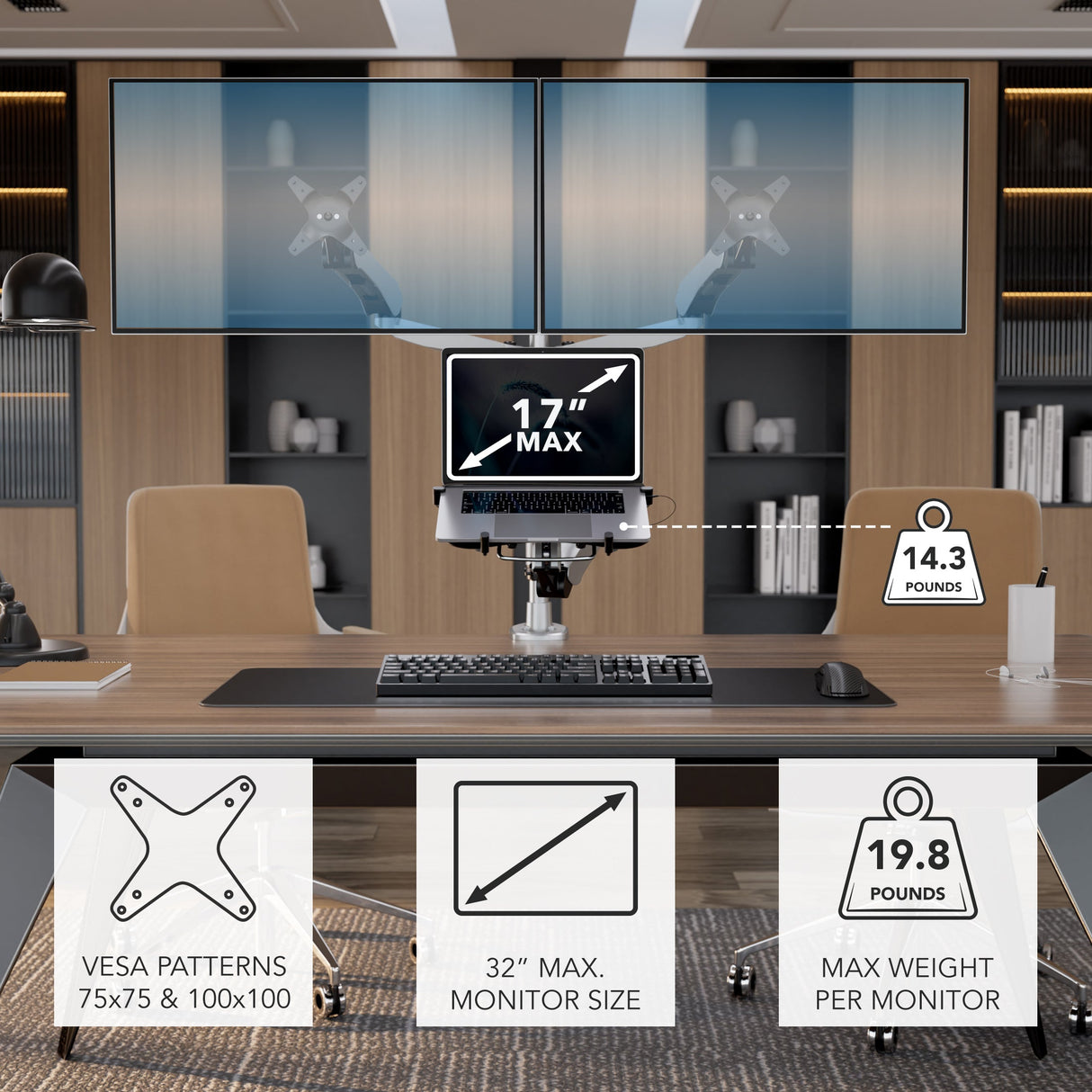 Full Motion Dual Monitor + Laptop Mount with Cooling Fan Silver Monitor Mount - Full Motion Dual Monitor + Laptop Mount with Cooling Fan - Mount-It! - MI-75826