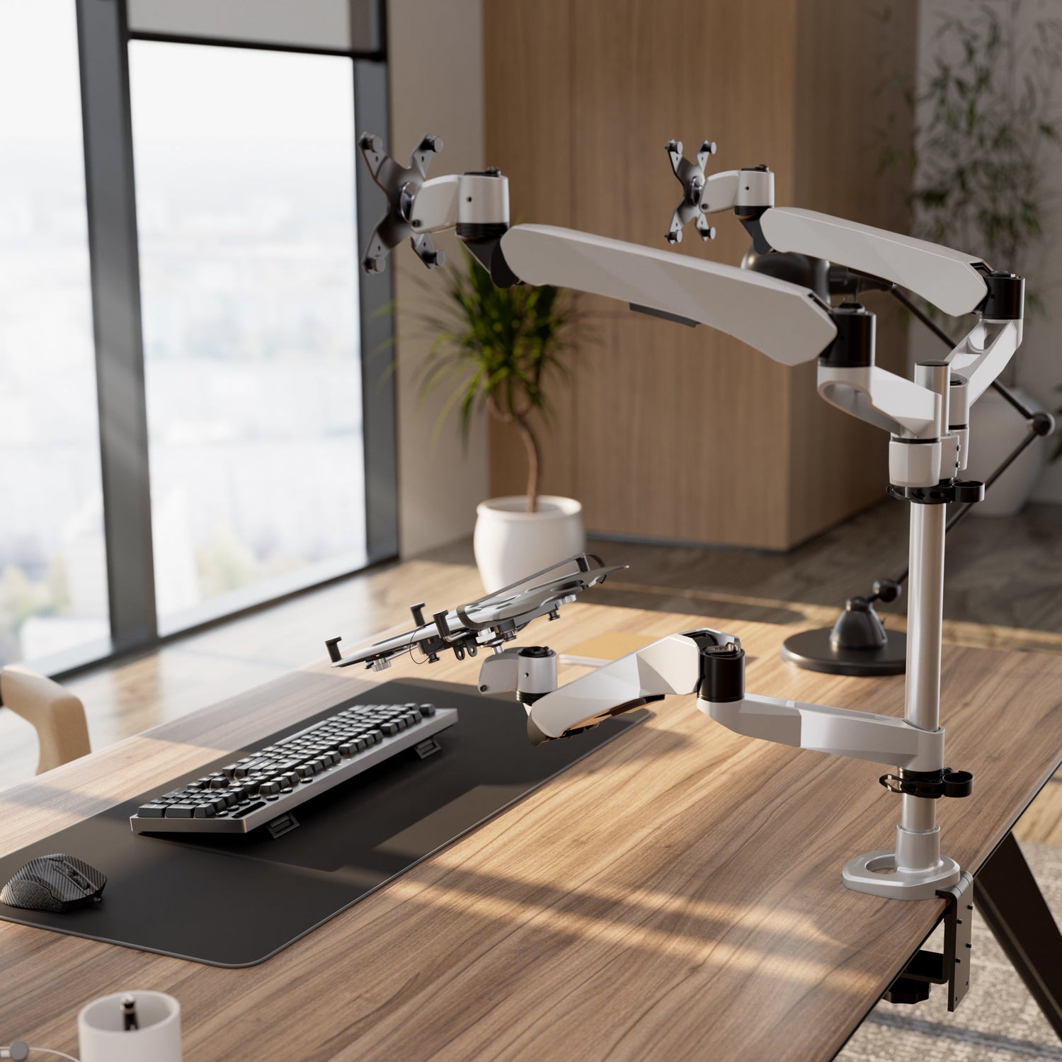 Silver Monitor Mount - Full Motion Dual Monitor + Laptop Mount with Cooling Fan - Mount-It! - MI-75826