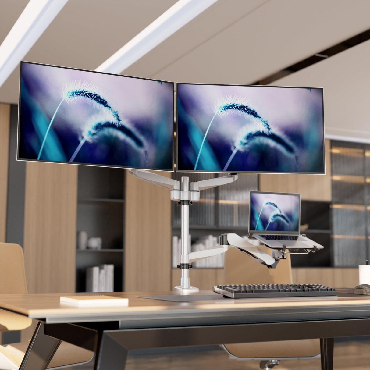 Full Motion Dual Monitor + Laptop Mount with Cooling Fan Silver Monitor Mount - Full Motion Dual Monitor + Laptop Mount with Cooling Fan - Mount-It! - MI-75826