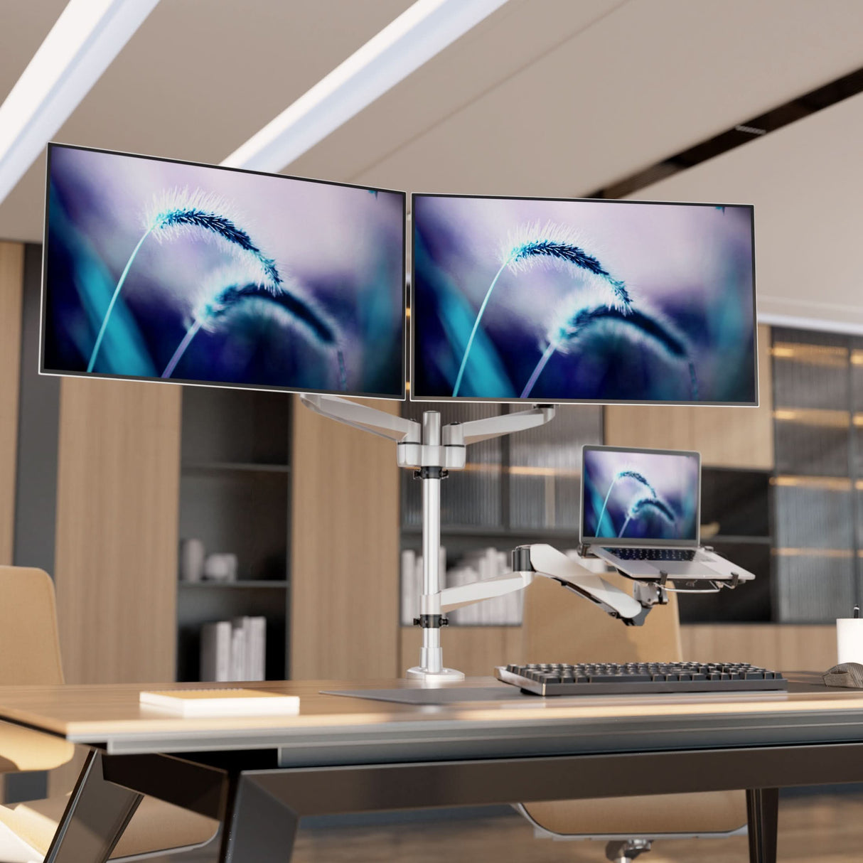 Silver Monitor Mount - Full Motion Dual Monitor + Laptop Mount with Cooling Fan - Mount-It! - MI-75826