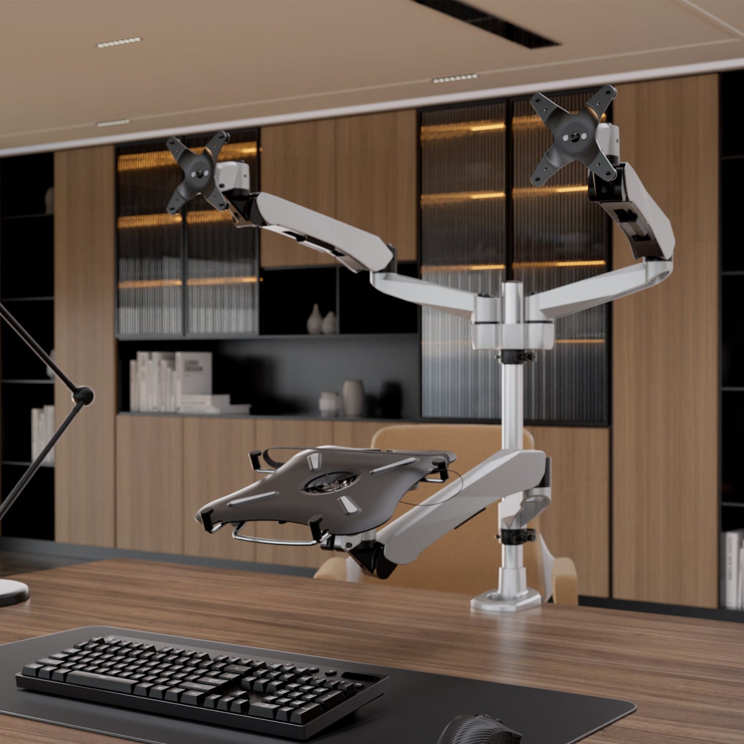 Silver Monitor Mount - Full Motion Dual Monitor + Laptop Mount with Cooling Fan - Mount-It! - MI-75826