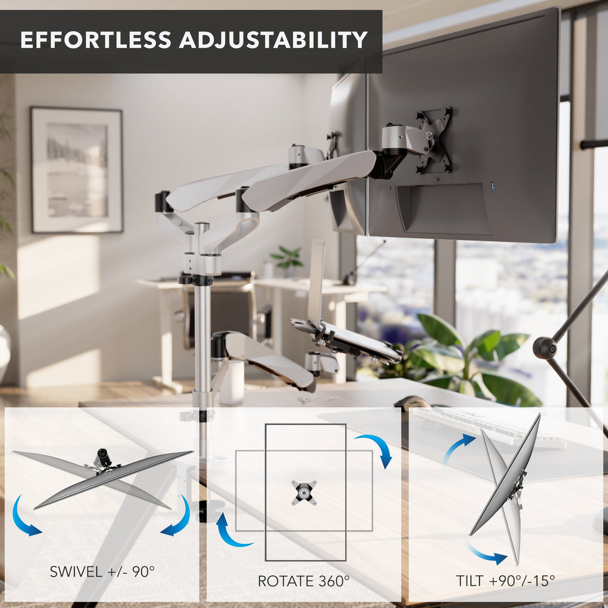 Full Motion Dual Monitor + Laptop Mount with Cooling Fan Silver Monitor Mount - Full Motion Dual Monitor + Laptop Mount with Cooling Fan - Mount-It! - MI-75826