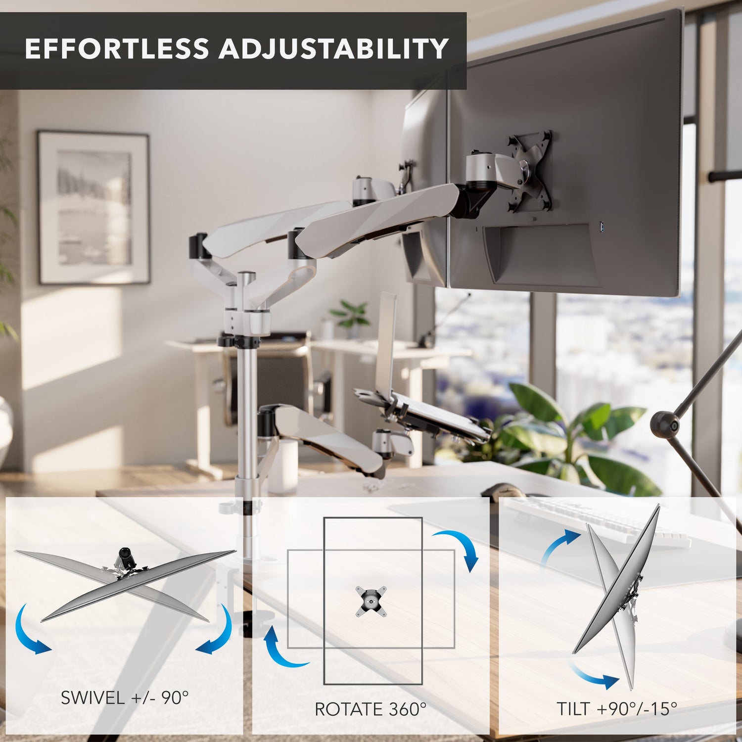 Silver Monitor Mount - Full Motion Dual Monitor + Laptop Mount with Cooling Fan - Mount-It! - MI-75826