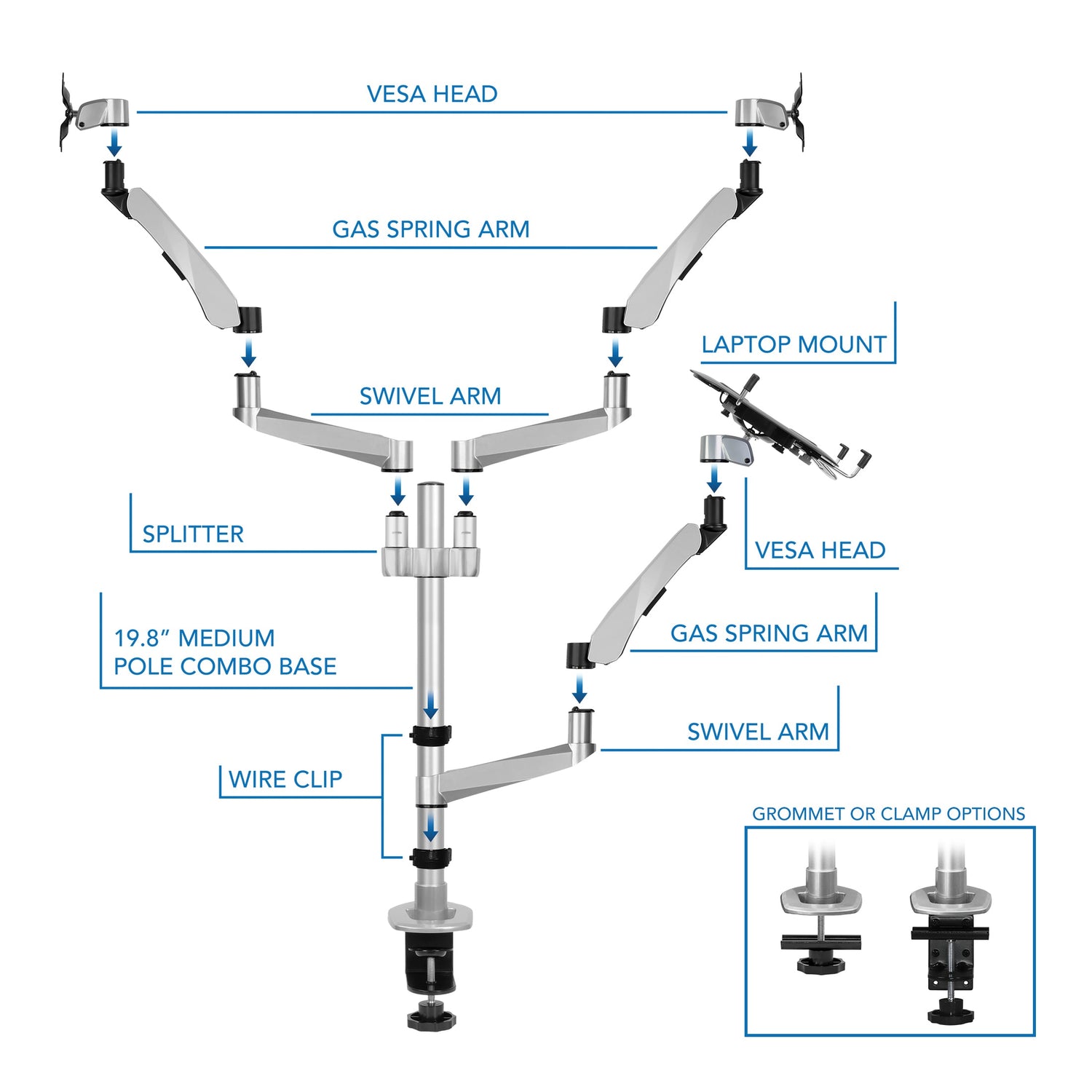 Silver Monitor Mount - Full Motion Dual Monitor + Laptop Mount with Cooling Fan - Mount-It! - MI-75826