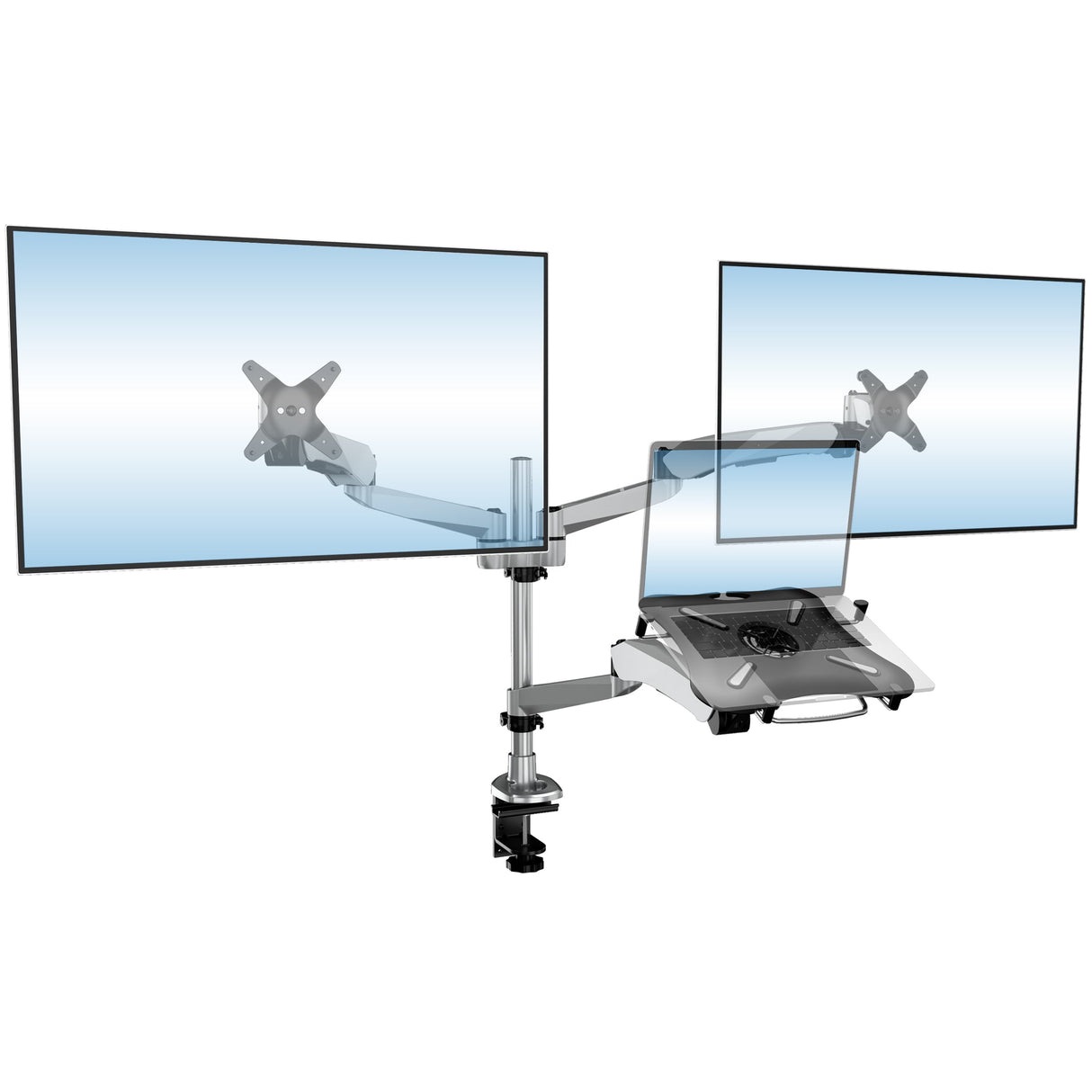 Full Motion Dual Monitor + Laptop Mount with Cooling Fan Silver Monitor Mount - Full Motion Dual Monitor + Laptop Mount with Cooling Fan - Mount-It! - MI-75826