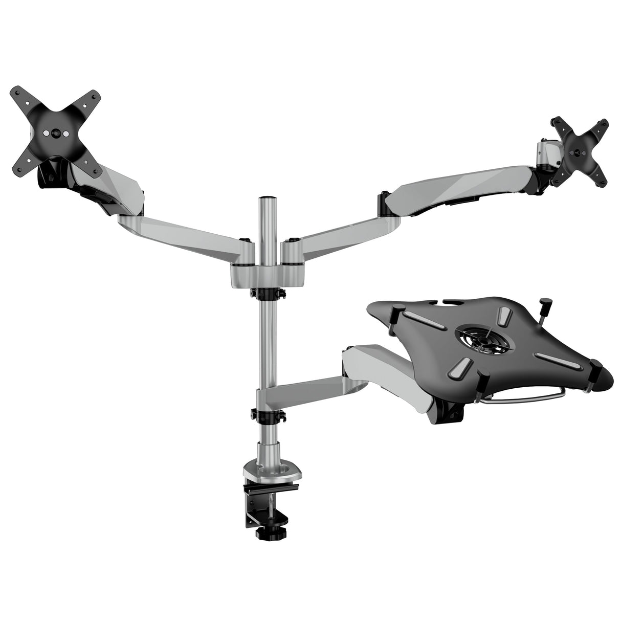 Full Motion Dual Monitor + Laptop Mount with Cooling Fan Silver Monitor Mount - Full Motion Dual Monitor + Laptop Mount with Cooling Fan - Mount-It! - MI-75826