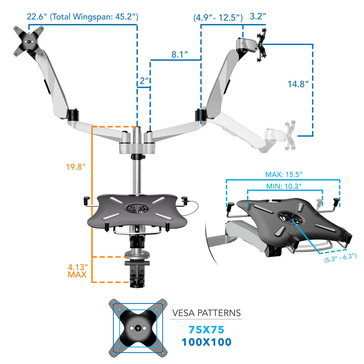 Full Motion Dual Monitor + Laptop Mount with Cooling Fan Silver Monitor Mount - Full Motion Dual Monitor + Laptop Mount with Cooling Fan - Mount-It! - MI-75826