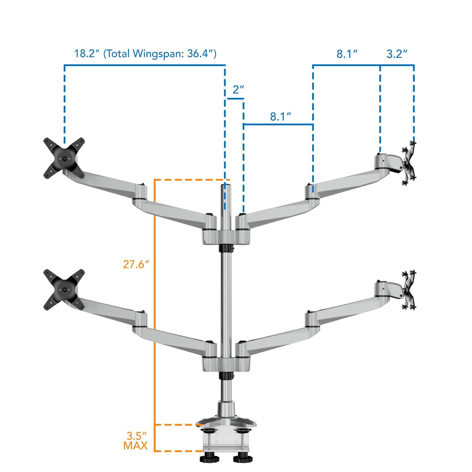 Silver Monitor Mount - Full Motion Quad Monitor Desk Mount - Mount-It! - MI-63156