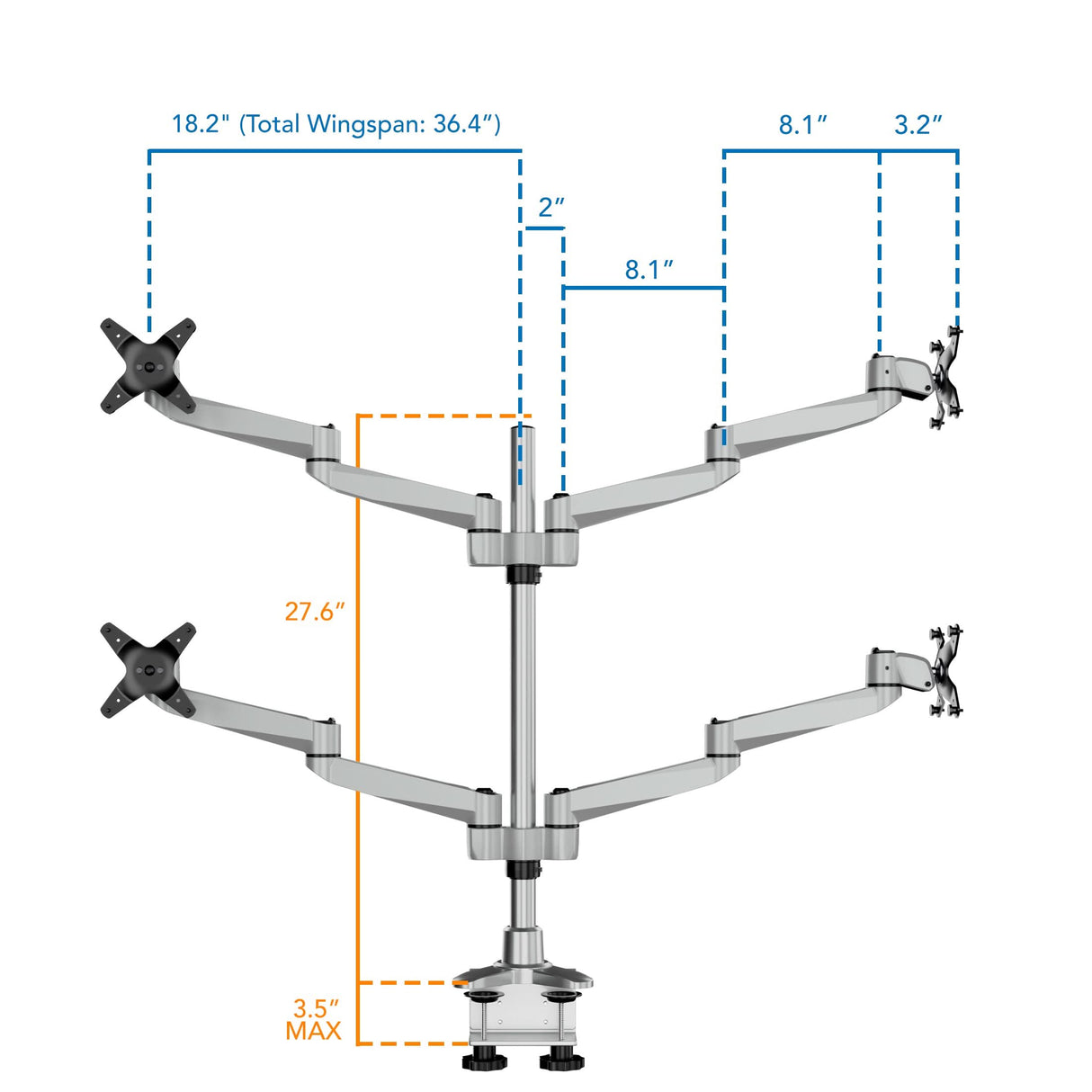 Silver Monitor Mount - Full Motion Quad Monitor Desk Mount - Mount-It! - MI-63156