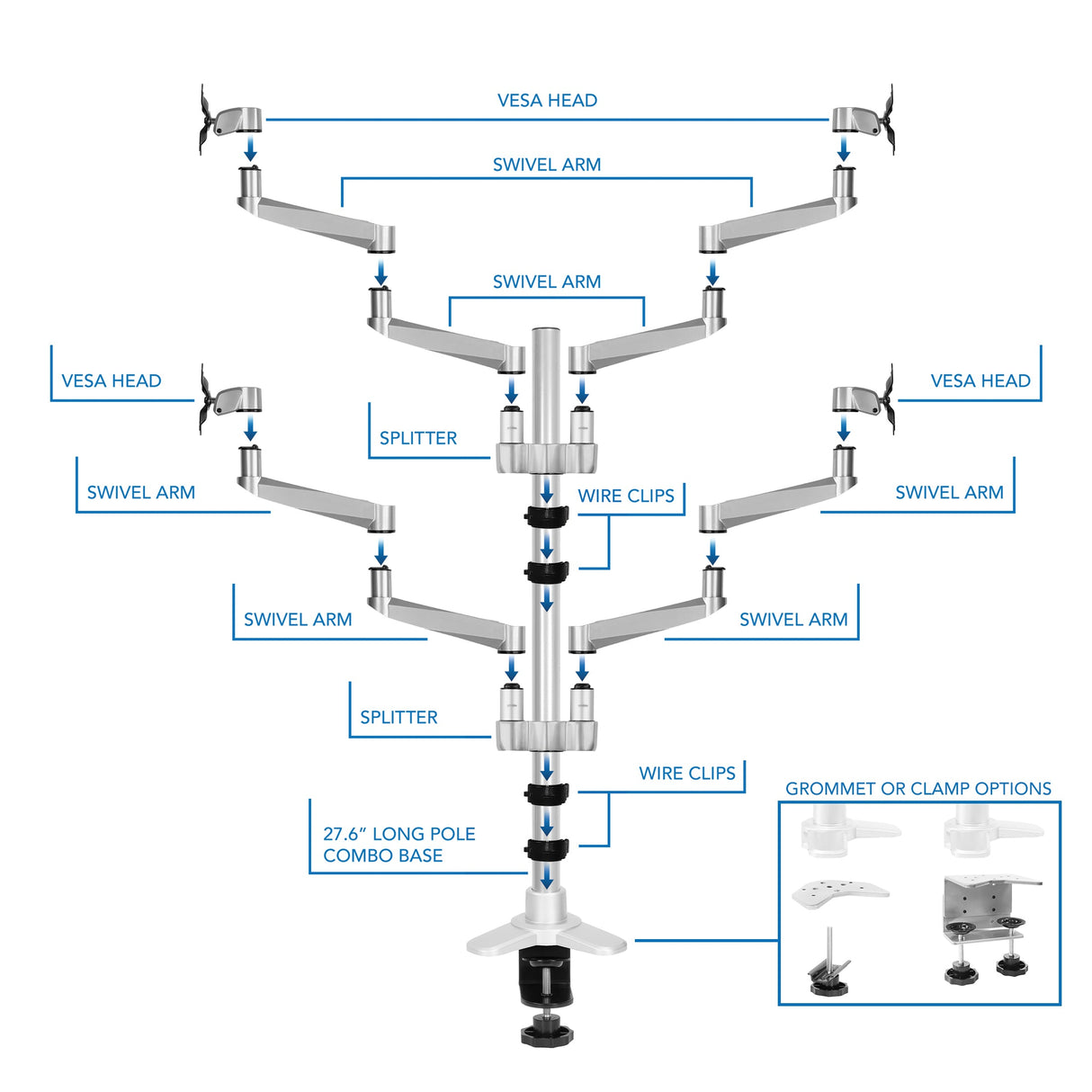 Full Motion Quad Monitor Desk Mount Silver Monitor Mount - Full Motion Quad Monitor Desk Mount - Mount-It! - MI-63156