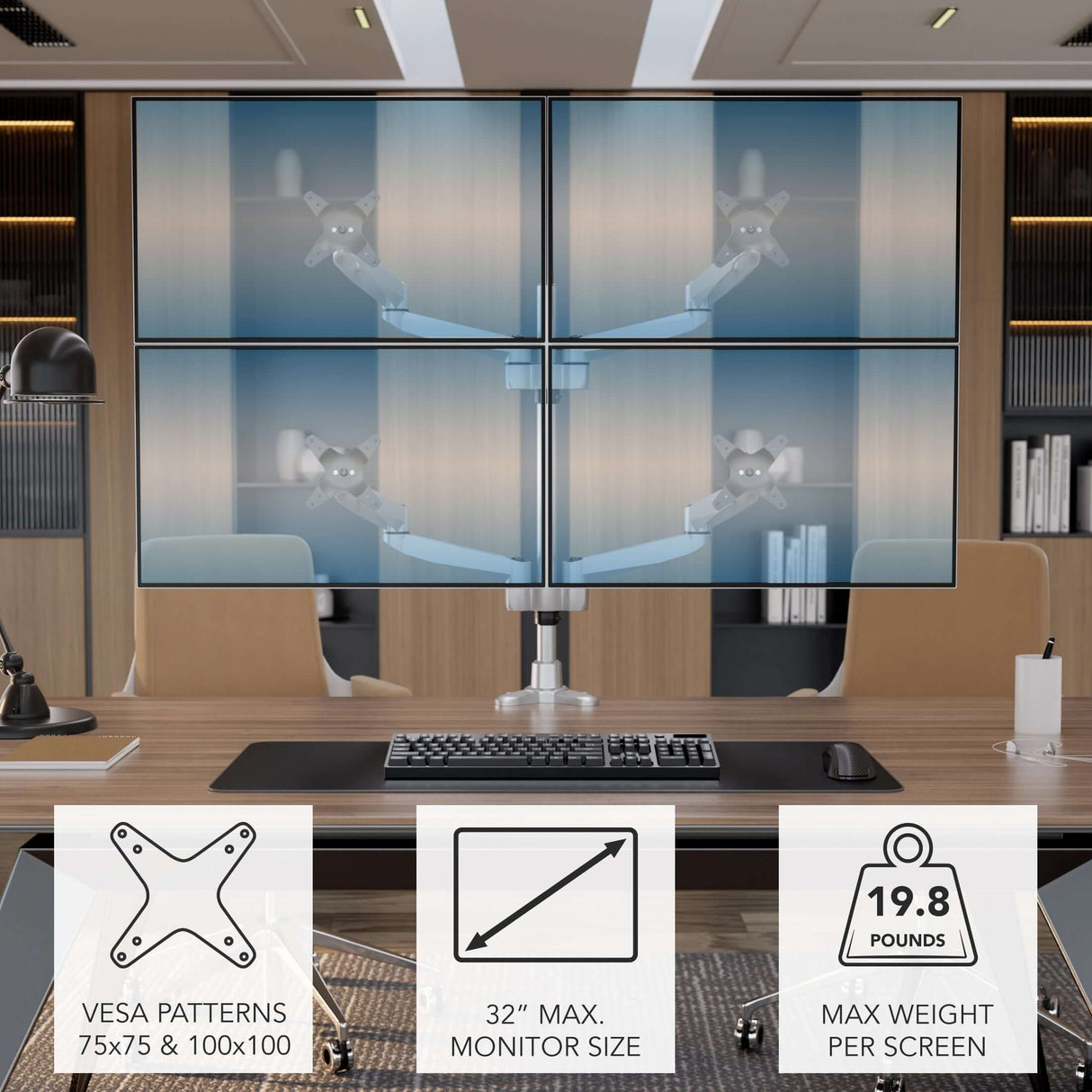 Full Motion Quad Monitor Desk Mount Silver Monitor Mount - Full Motion Quad Monitor Desk Mount - Mount-It! - MI-63156