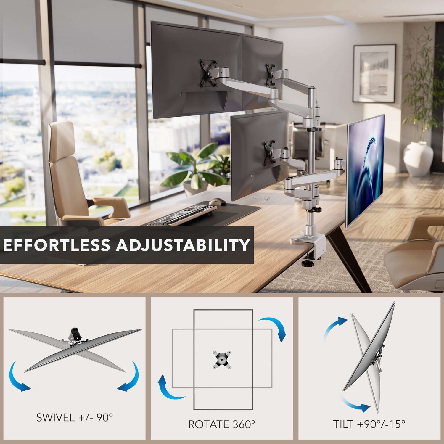 Silver Monitor Mount - Full Motion Quad Monitor Desk Mount - Mount-It! - MI-63156