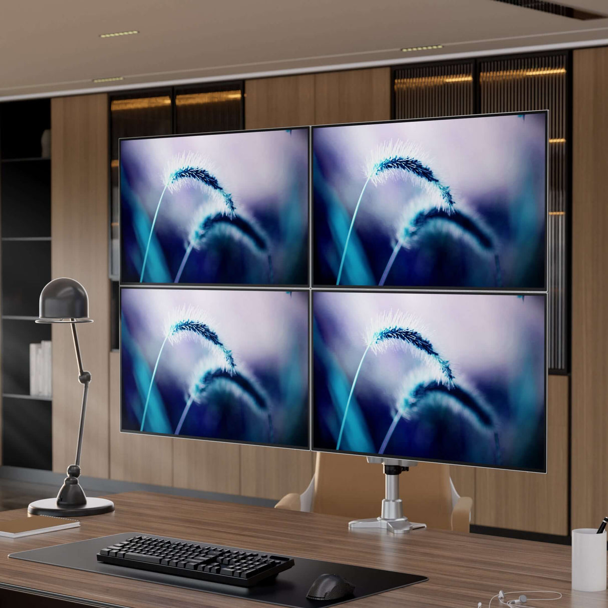 Full Motion Quad Monitor Desk Mount Silver Monitor Mount - Full Motion Quad Monitor Desk Mount - Mount-It! - MI-63156