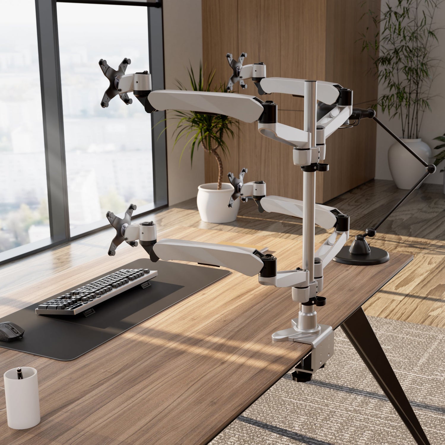 Silver Monitor Mount - Full Motion Quad Monitor Desk Mount with Gas Spring Arms - Mount-It! - MI-65156