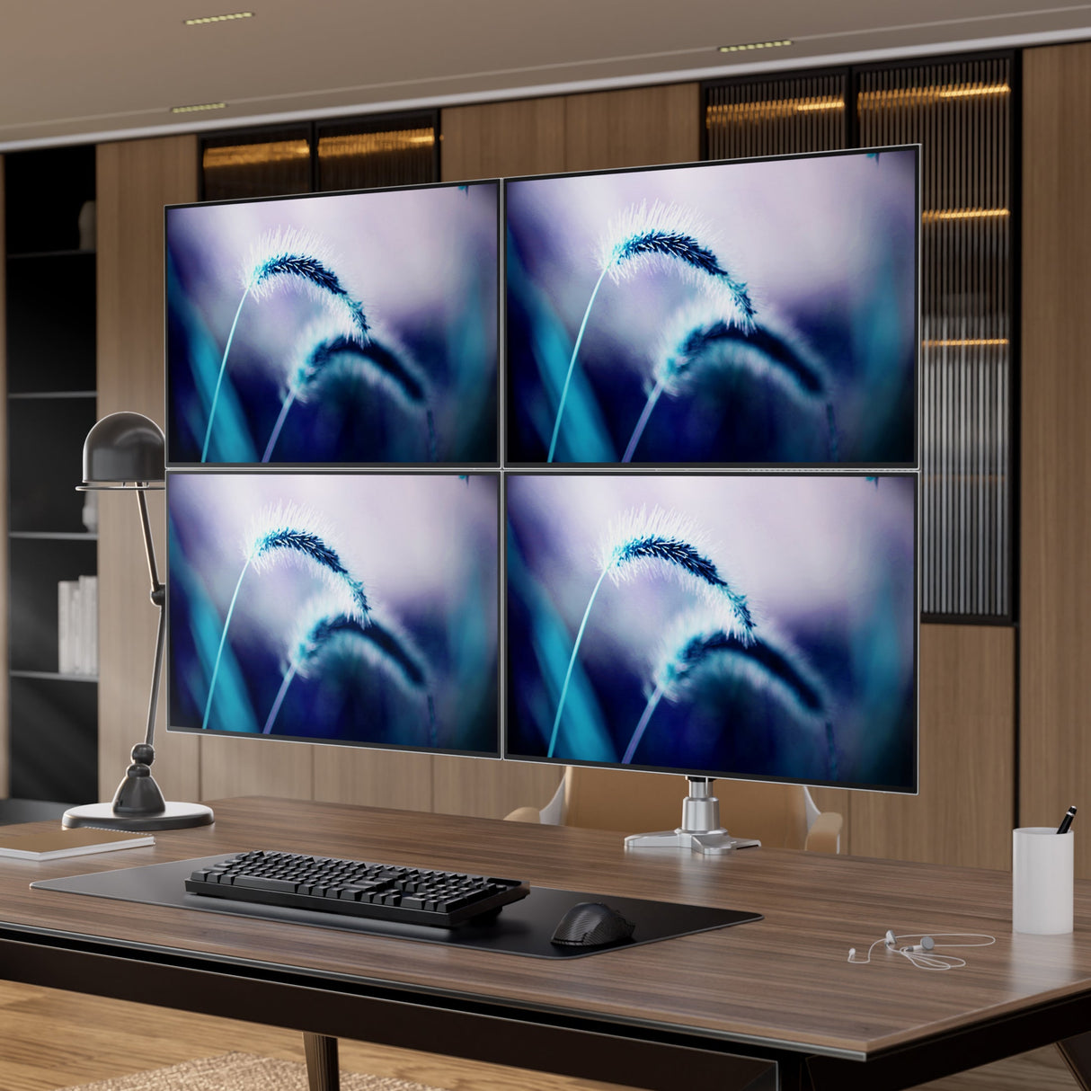 Full Motion Quad Monitor Desk Mount with Gas Spring Arms Silver Monitor Mount - Full Motion Quad Monitor Desk Mount with Gas Spring Arms - Mount-It! - MI-65156