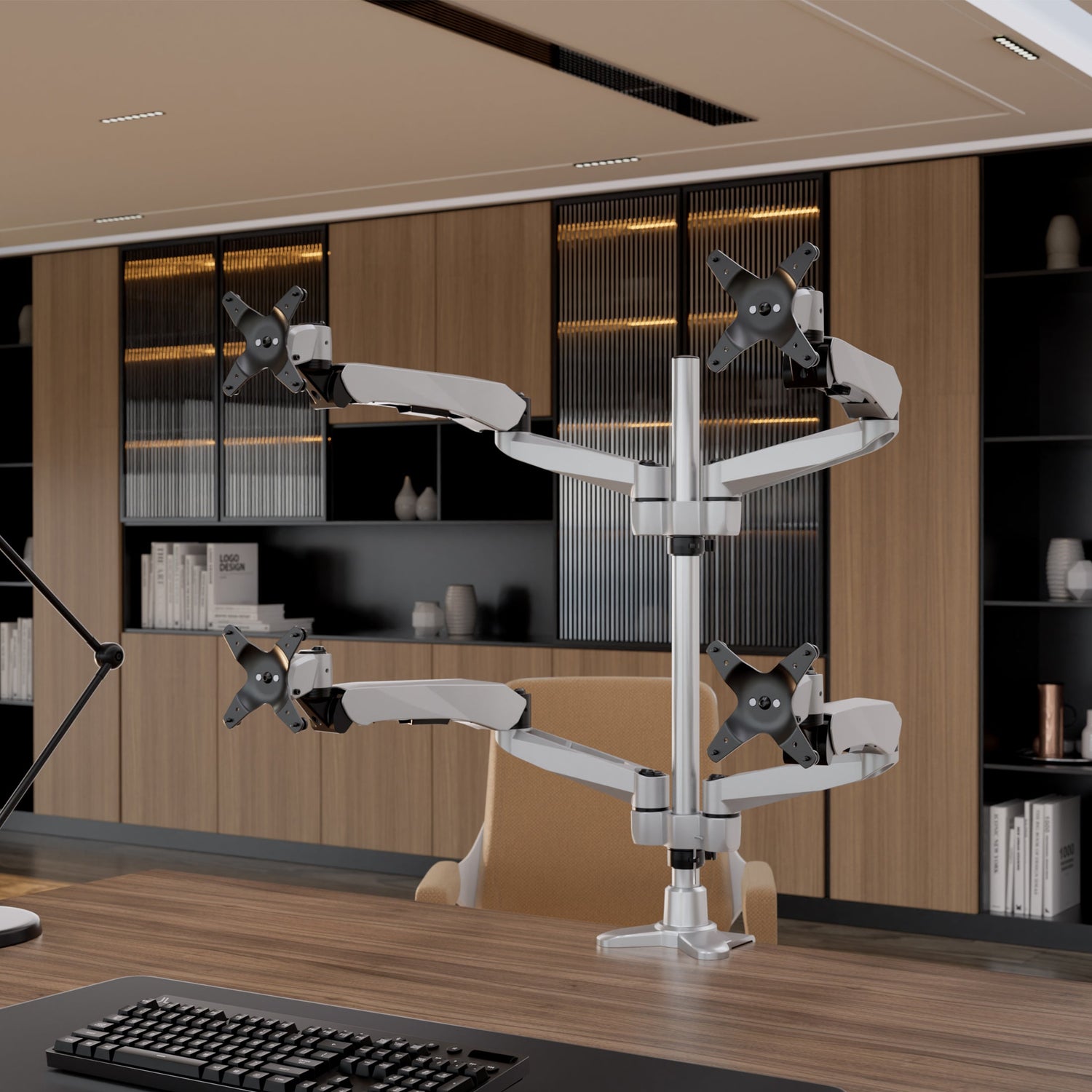 Silver Monitor Mount - Full Motion Quad Monitor Desk Mount with Gas Spring Arms - Mount-It! - MI-65156