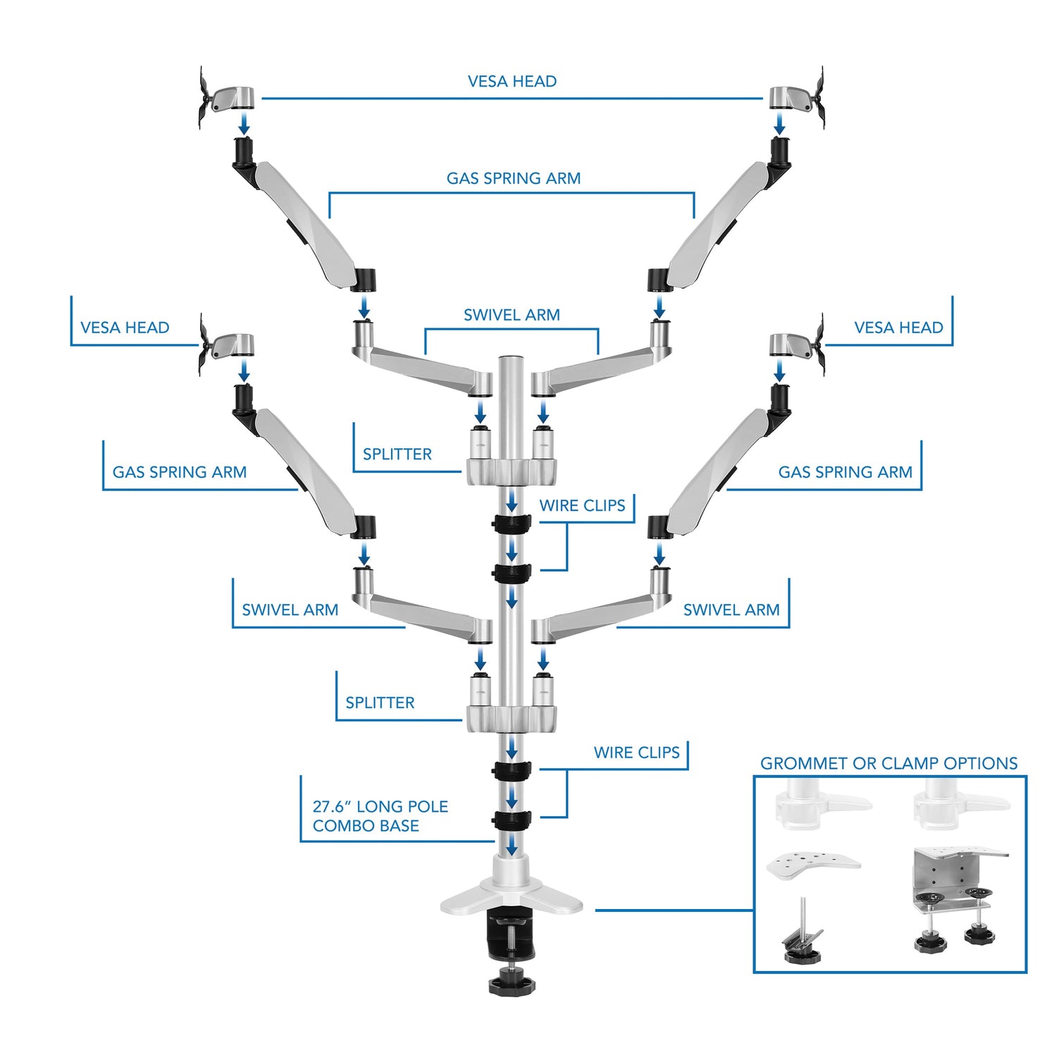 Silver Monitor Mount - Full Motion Quad Monitor Desk Mount with Gas Spring Arms - Mount-It! - MI-65156