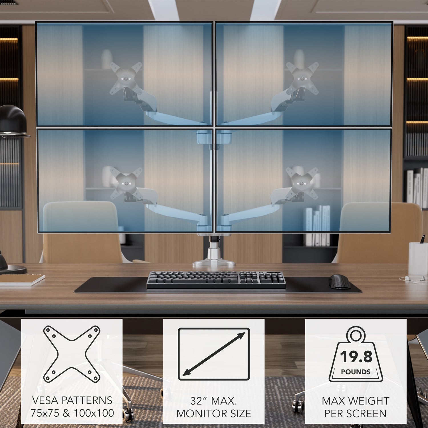 Silver Monitor Mount - Full Motion Quad Monitor Desk Mount with Gas Spring Arms - Mount-It! - MI-65156