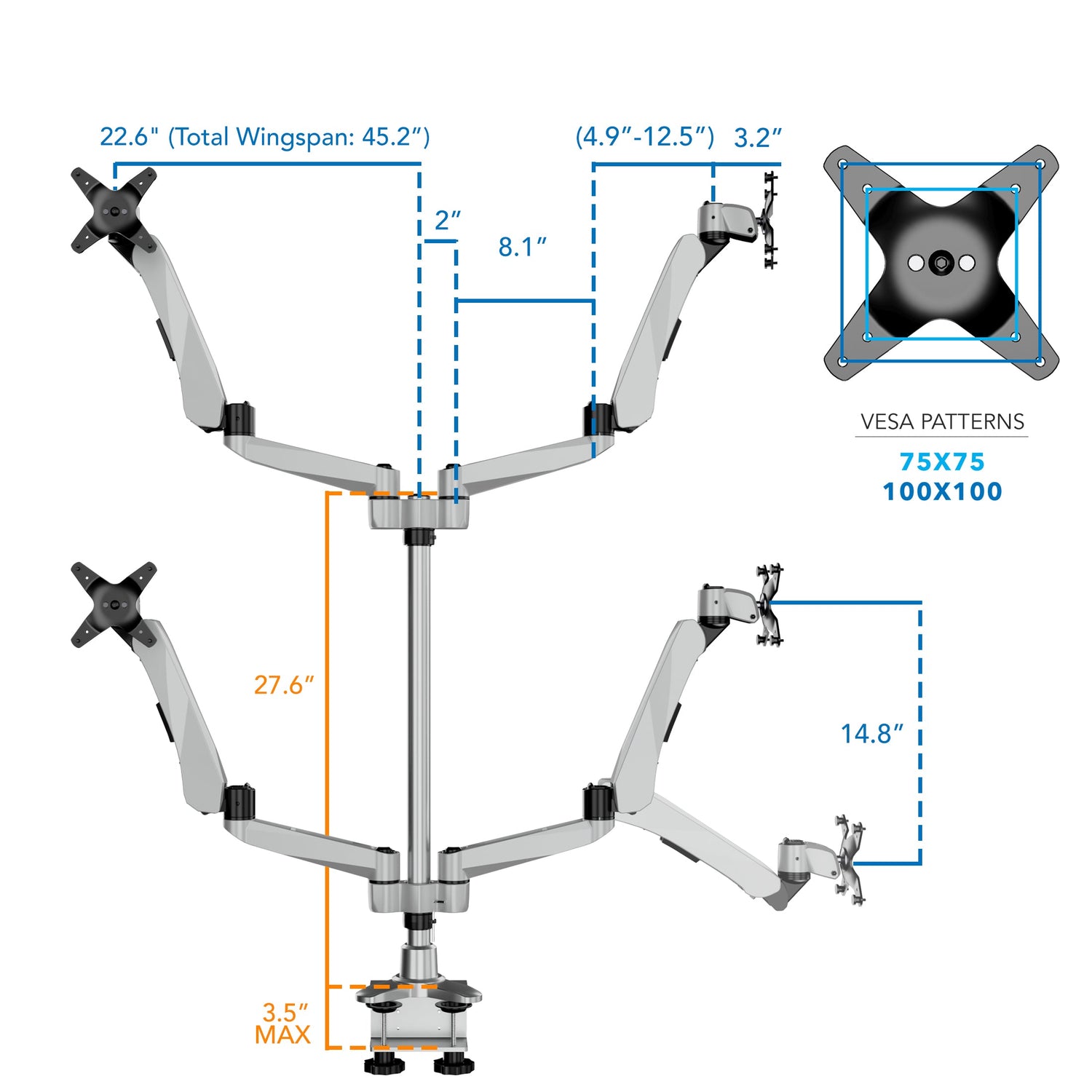 Silver Monitor Mount - Full Motion Quad Monitor Desk Mount with Gas Spring Arms - Mount-It! - MI-65156