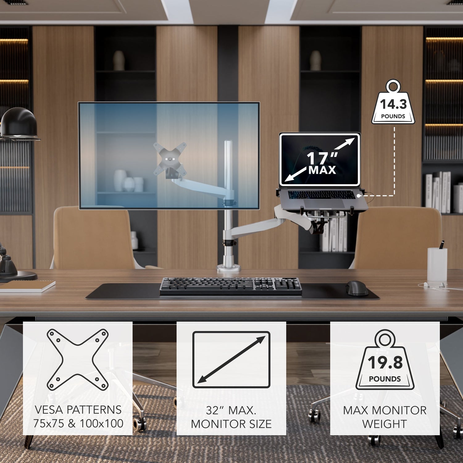 Silver Monitor Mount - Full Motion Single Monitor + Laptop Mount with Cooling Fan - Mount-It! - MI-75816