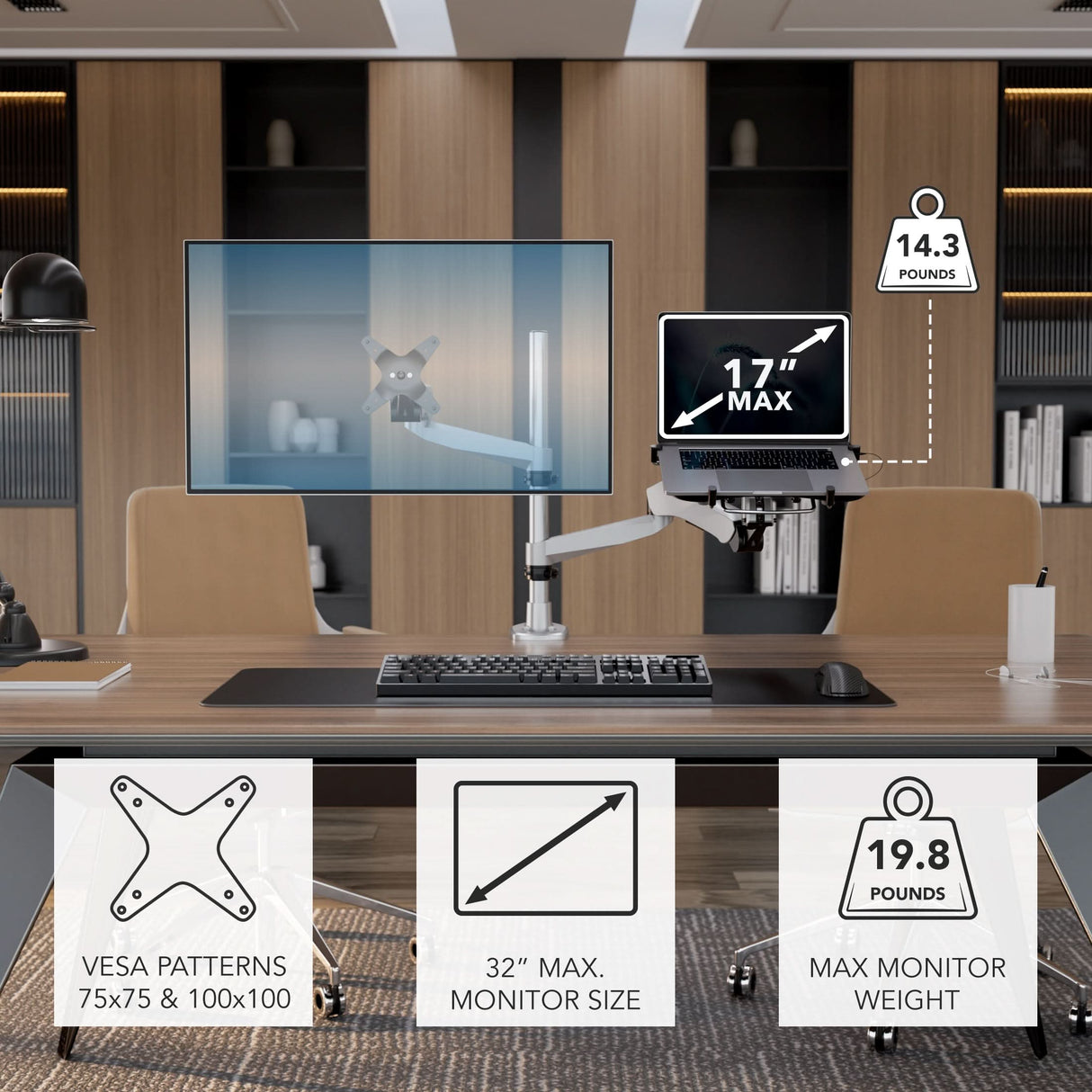 Silver Monitor Mount - Full Motion Single Monitor + Laptop Mount with Cooling Fan - Mount-It! - MI-75816