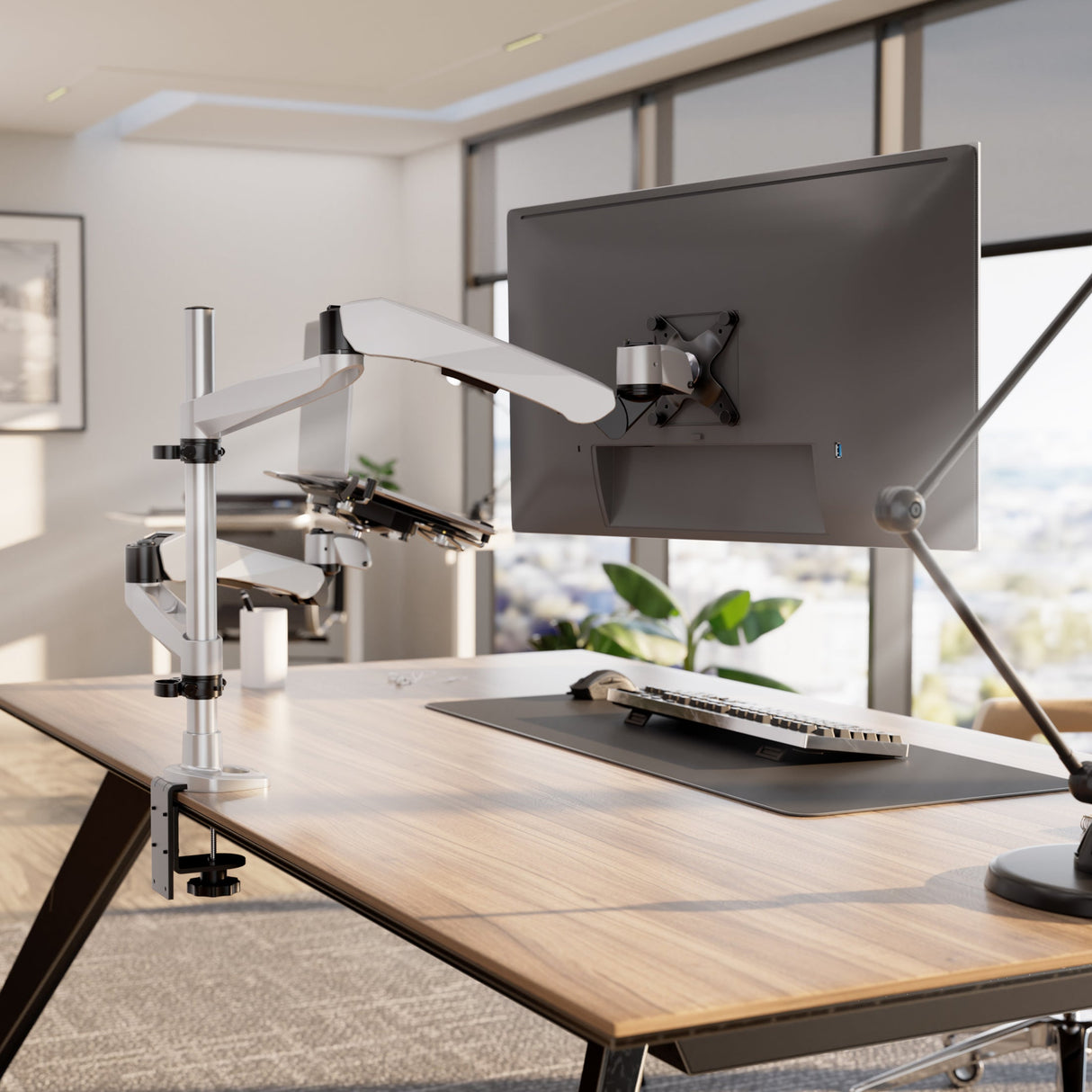 Full Motion Single Monitor + Laptop Mount with Cooling Fan Silver Monitor Mount - Full Motion Single Monitor + Laptop Mount with Cooling Fan - Mount-It! - MI-75816