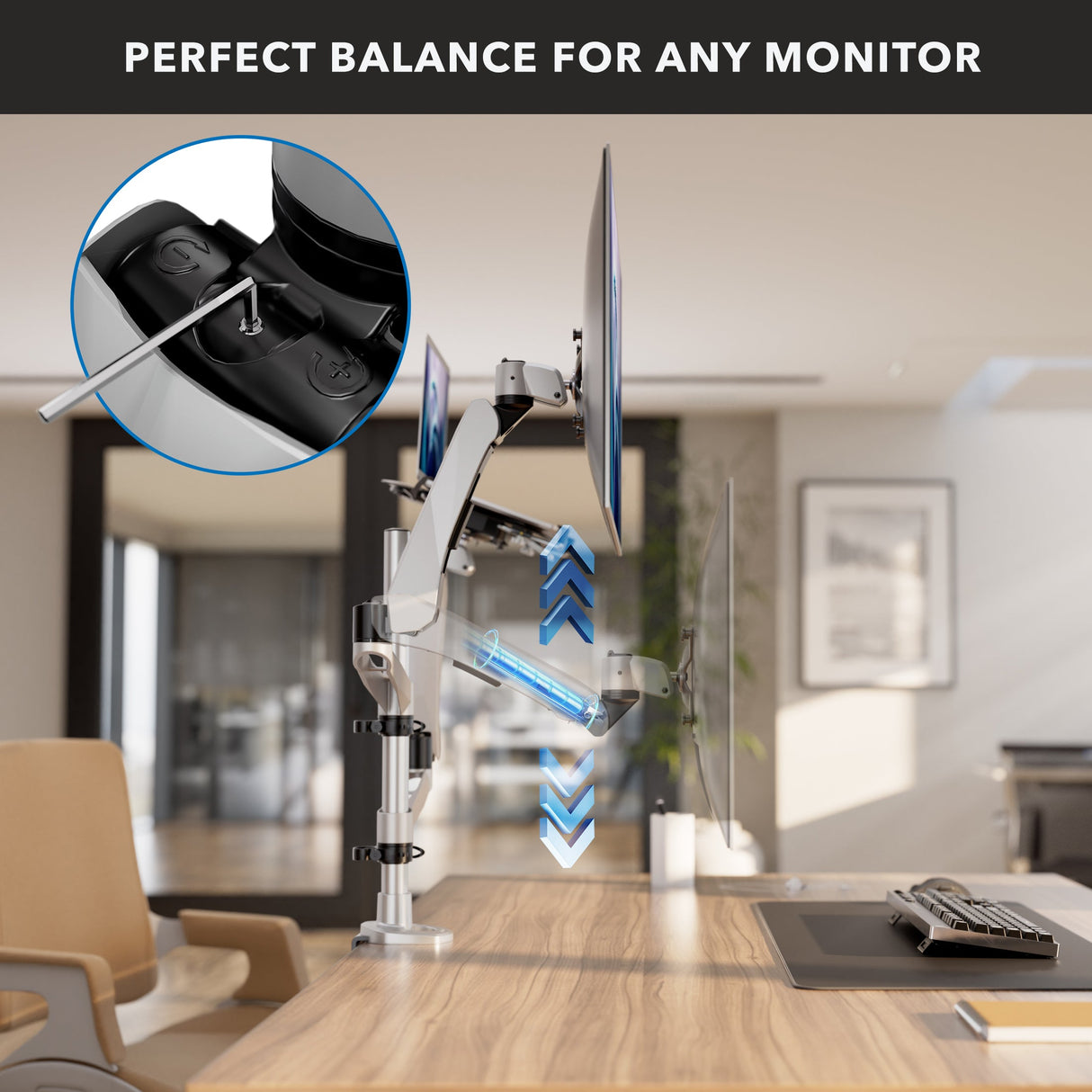 Full Motion Single Monitor + Laptop Mount with Cooling Fan Silver Monitor Mount - Full Motion Single Monitor + Laptop Mount with Cooling Fan - Mount-It! - MI-75816