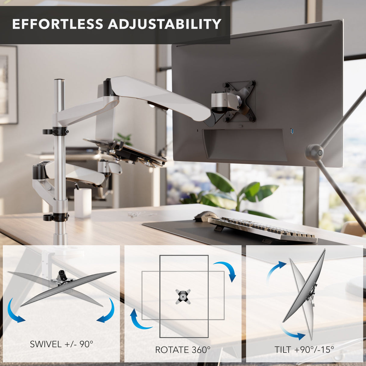 Full Motion Single Monitor + Laptop Mount with Cooling Fan Silver Monitor Mount - Full Motion Single Monitor + Laptop Mount with Cooling Fan - Mount-It! - MI-75816