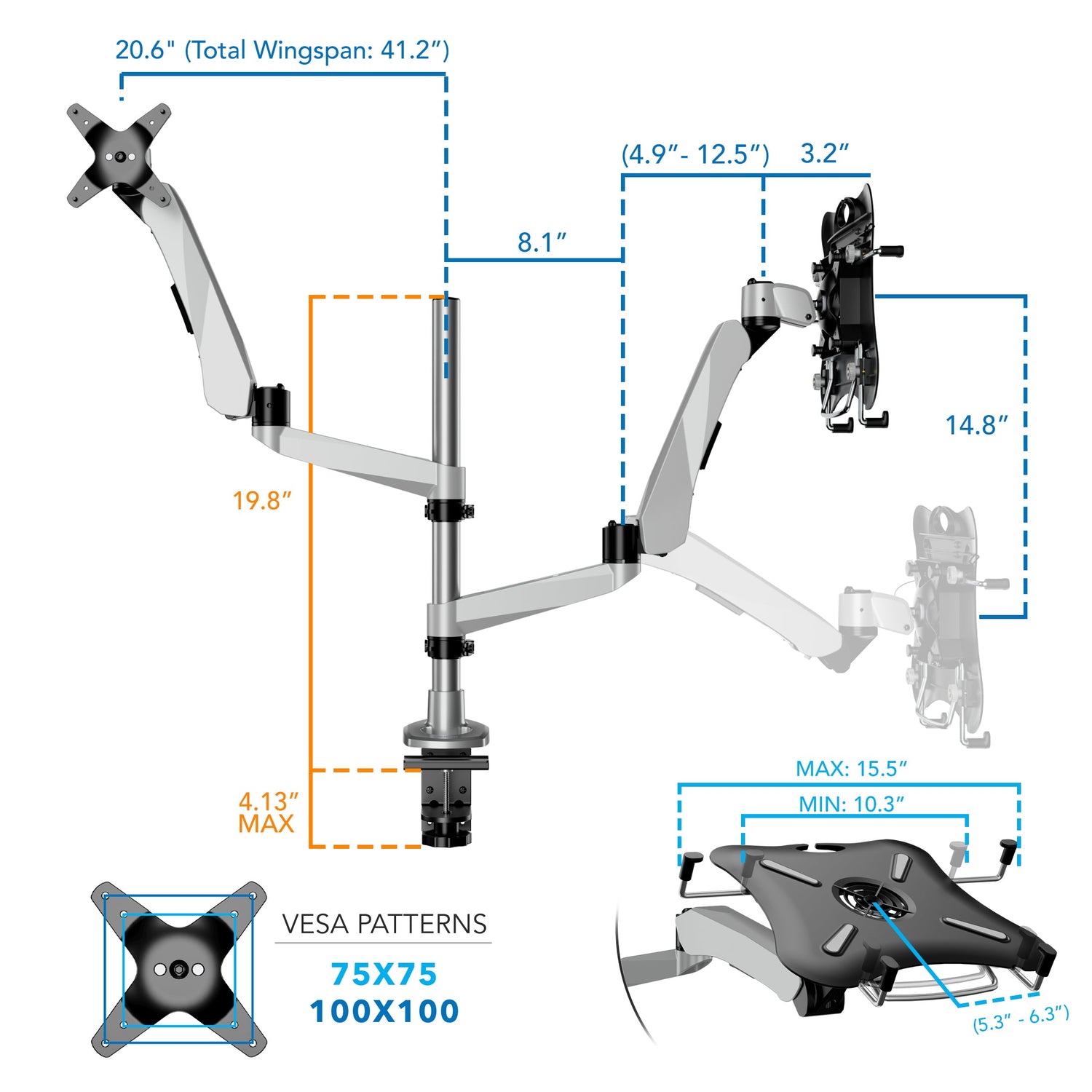 Silver Monitor Mount - Full Motion Single Monitor + Laptop Mount with Cooling Fan - Mount-It! - MI-75816