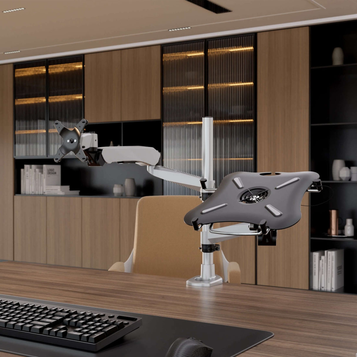 Silver Laptop Mount - Full Motion Single Monitor + Laptop Mount with Cooling Fan - Mount-It! - MI-75816