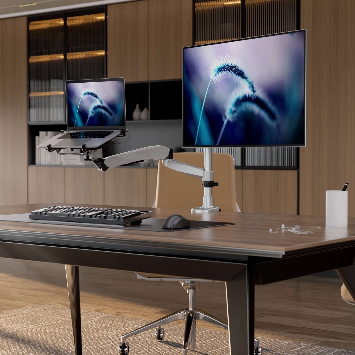 Silver Laptop Mount - Full Motion Single Monitor + Laptop Mount with Cooling Fan - Mount-It! - MI-75816