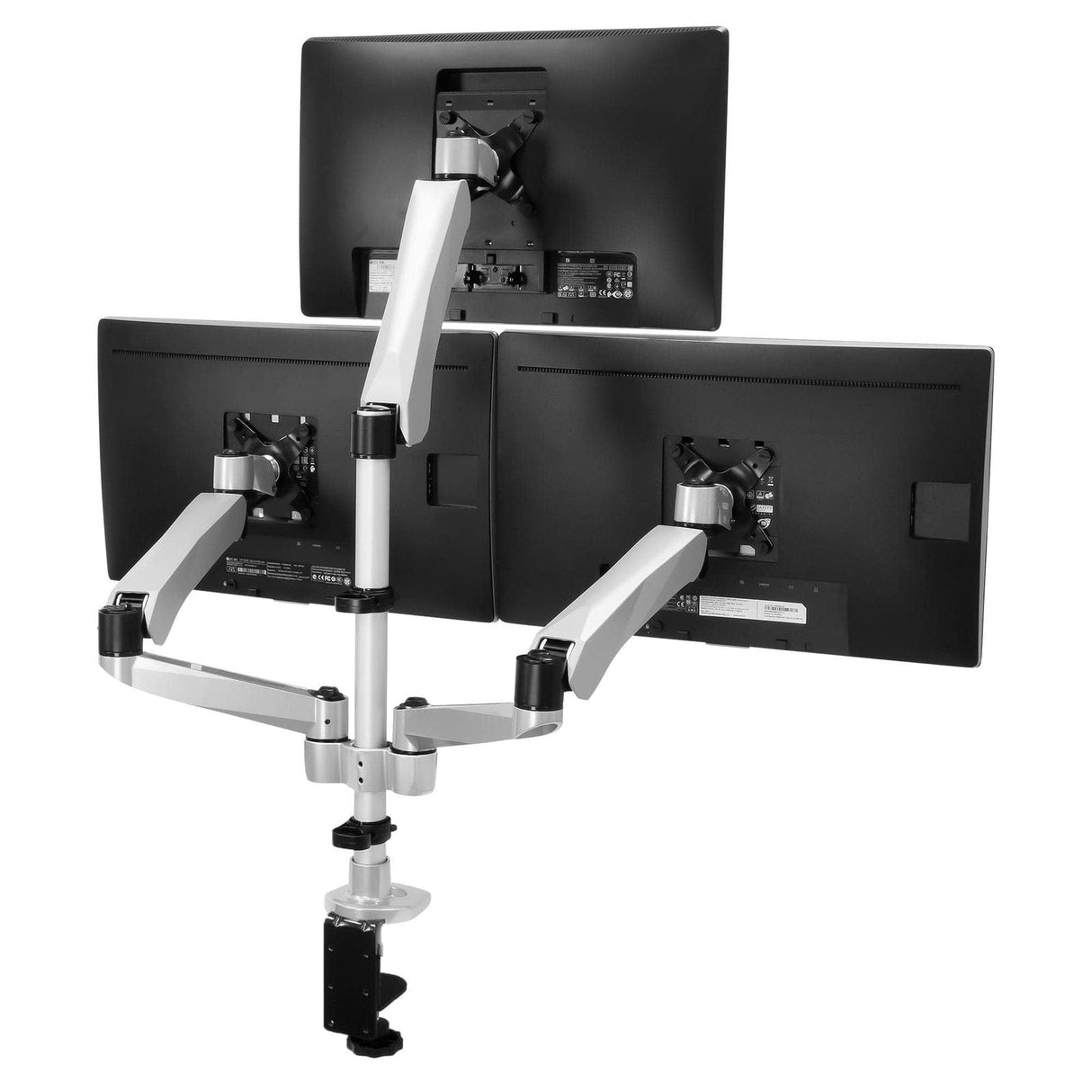 Full-Motion Triple Monitor Desk Mount for Grommet Installation Silver Monitor Mount - Full-Motion Triple Monitor Desk Mount - Mount-It! - MI-55111