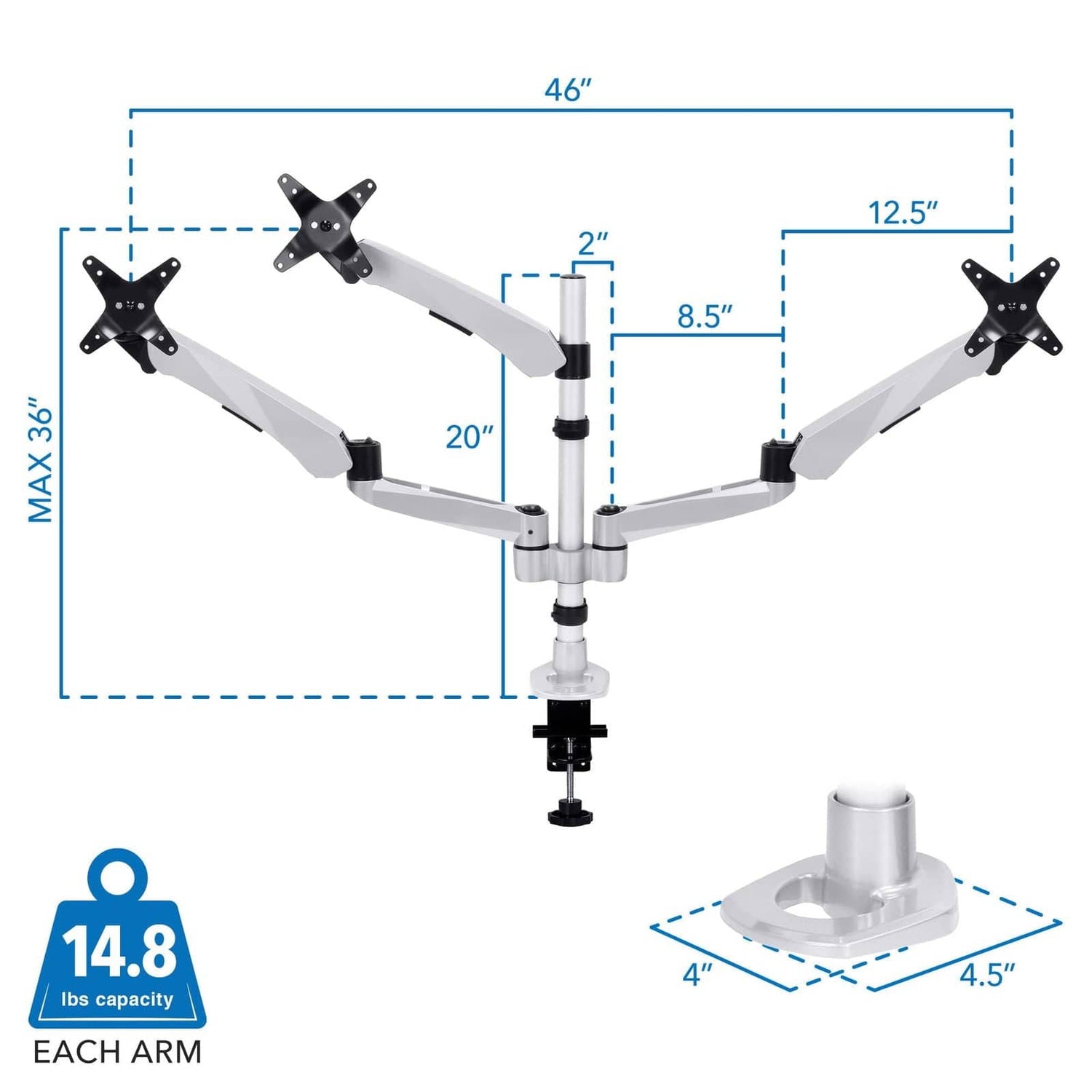 Silver Monitor Mount - Full-Motion Triple Monitor Desk Mount - Mount-It! - MI-55111