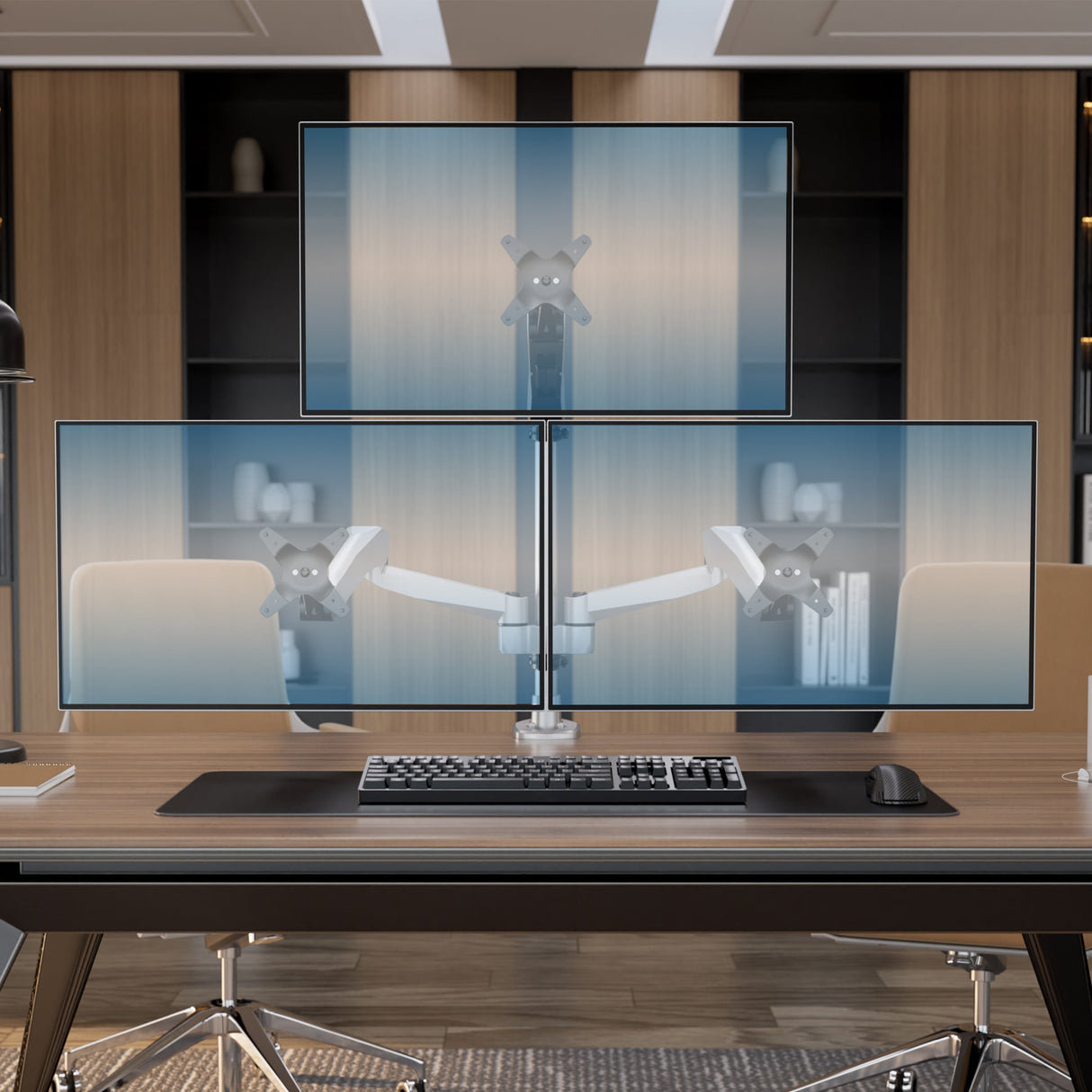 Full Motion Triple Pyramid Monitor Desk Mount with Gas Spring Arms Silver Monitor Mount - Full Motion Triple Pyramid Monitor Desk Mount with Gas Spring Arms - Mount-It! - MI-55116