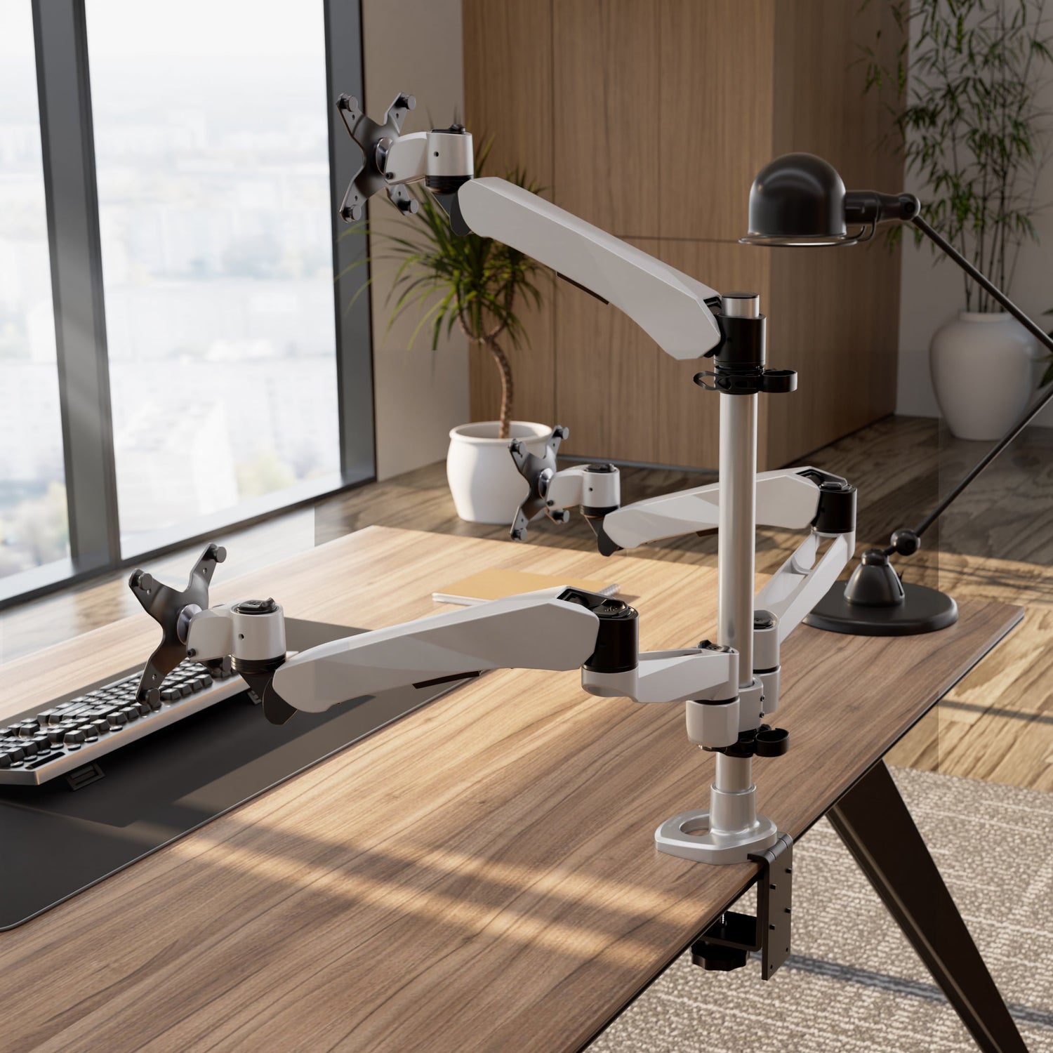 Silver Monitor Mount - Full Motion Triple Pyramid Monitor Desk Mount with Gas Spring Arms - Mount-It! - MI-55116